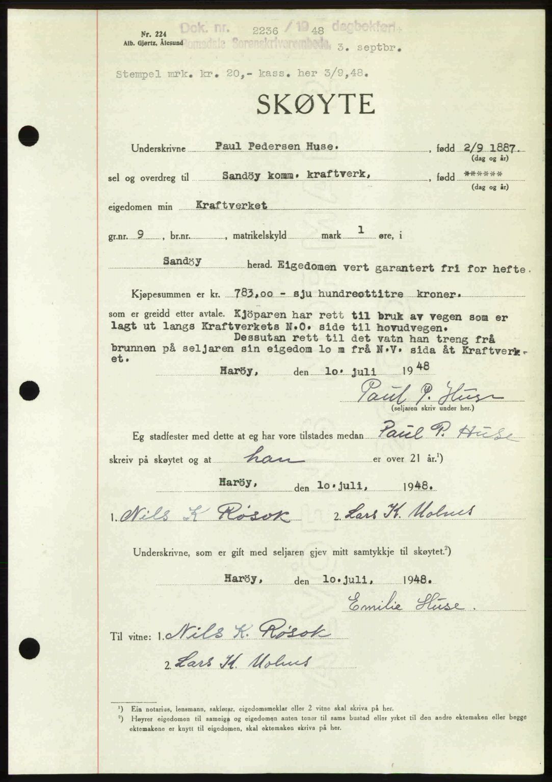 Romsdal sorenskriveri, AV/SAT-A-4149/1/2/2C: Mortgage book no. A27, 1948-1948, Diary no: : 2236/1948