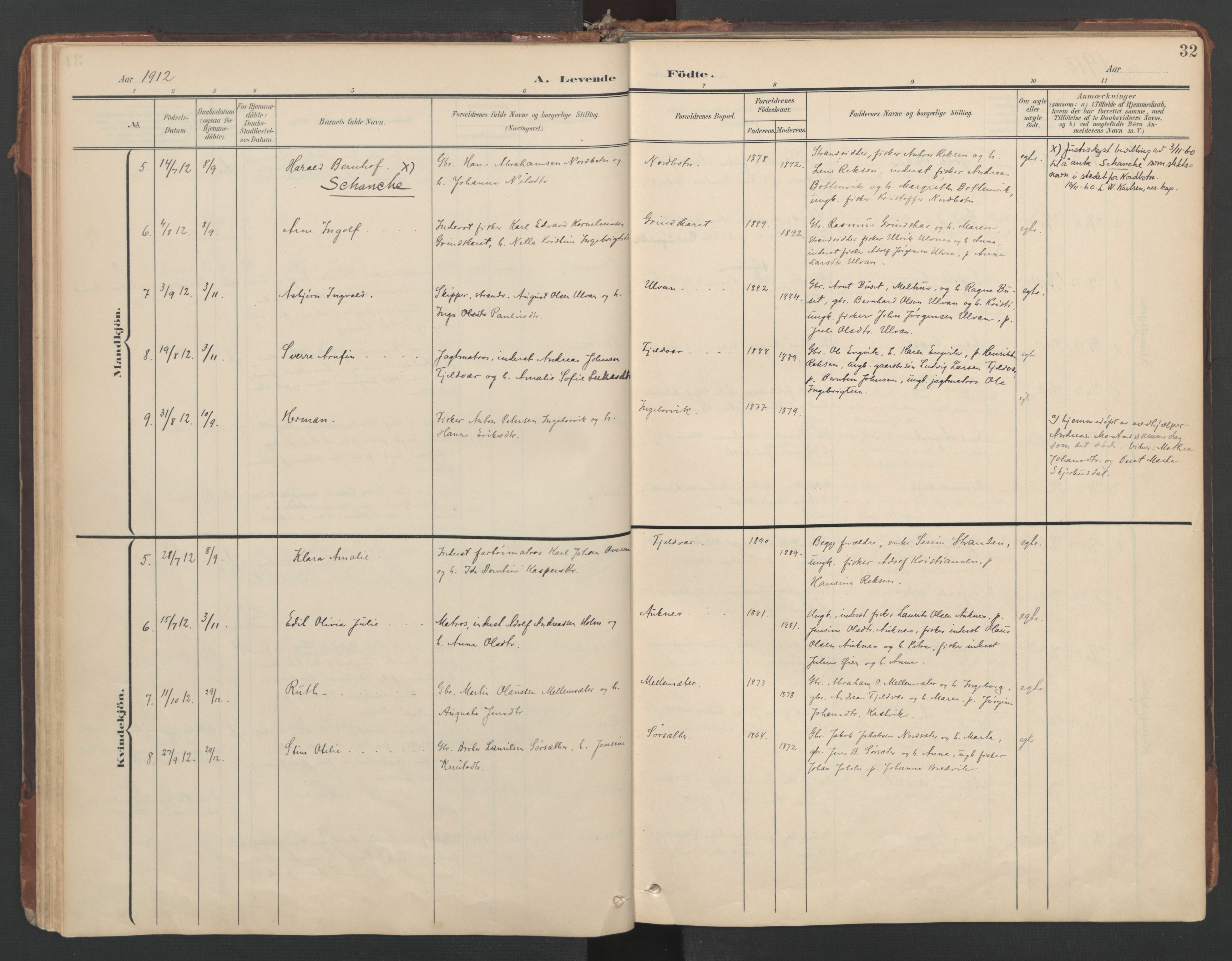 Ministerialprotokoller, klokkerbøker og fødselsregistre - Sør-Trøndelag, SAT/A-1456/638/L0568: Parish register (official) no. 638A01, 1901-1916, p. 32