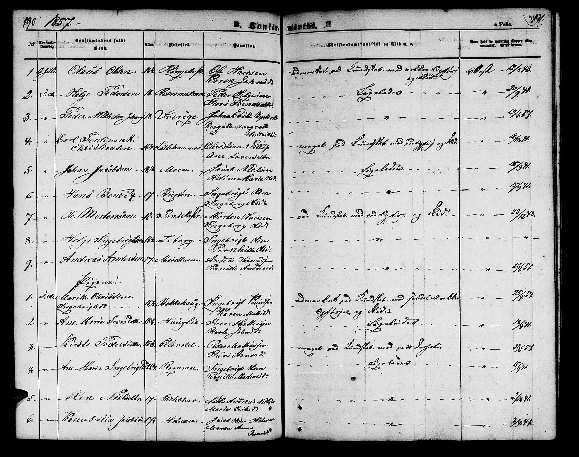 Målselv sokneprestembete, SATØ/S-1311/G/Ga/Gab/L0001klokker: Parish register (copy) no. 1, 1856-1866, p. 190-191