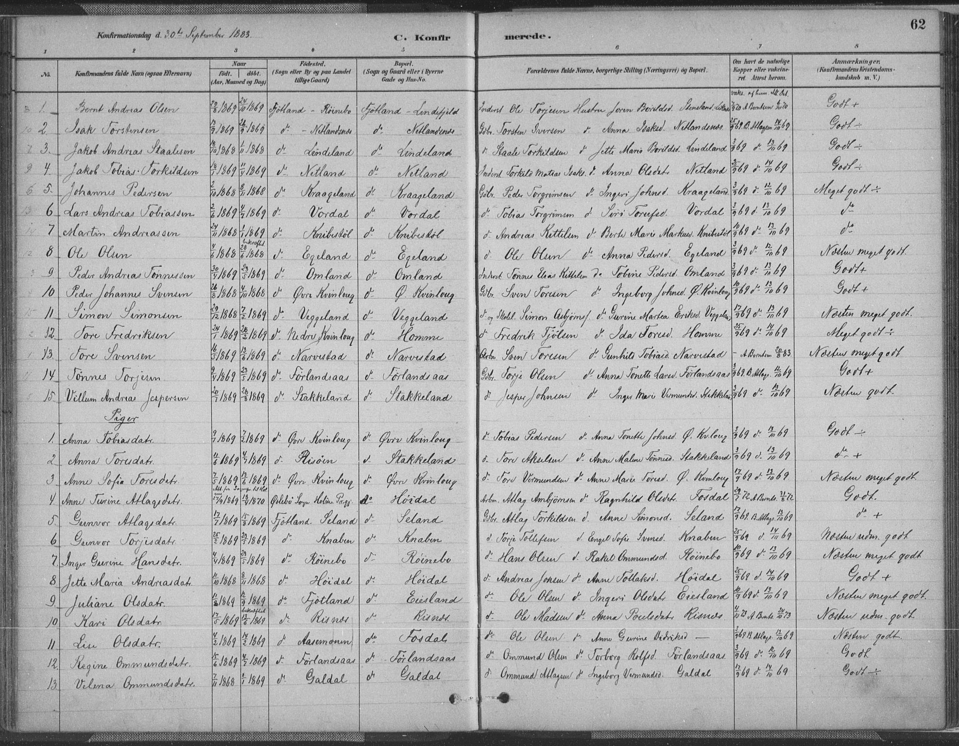 Fjotland sokneprestkontor, SAK/1111-0010/F/Fa/L0002: Parish register (official) no. A 2, 1880-1898, p. 62