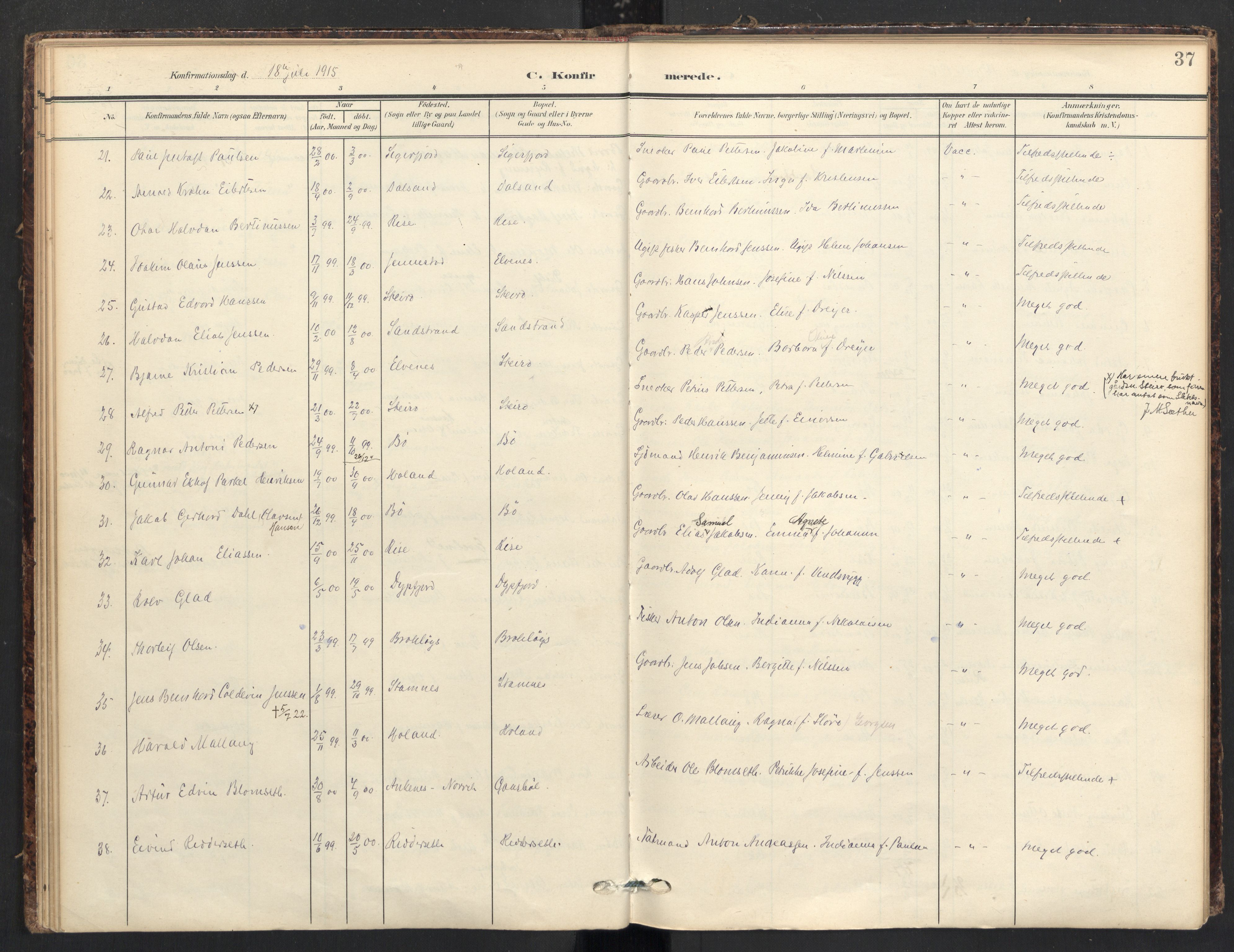 Ministerialprotokoller, klokkerbøker og fødselsregistre - Nordland, AV/SAT-A-1459/895/L1375: Parish register (official) no. 895A10, 1907-1938, p. 37