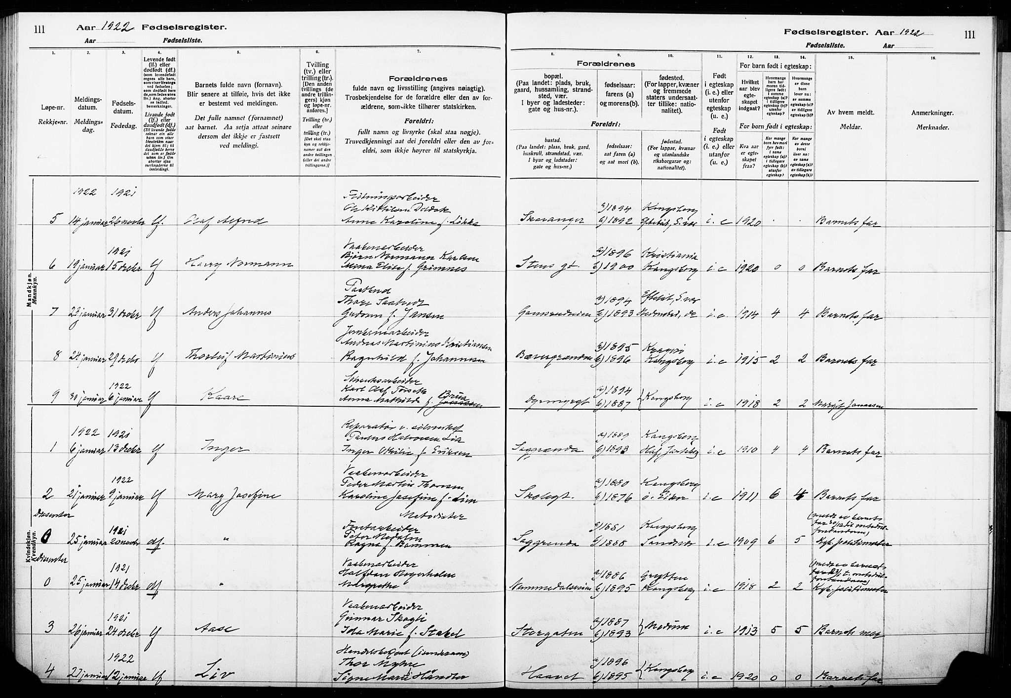 Kongsberg kirkebøker, AV/SAKO-A-22/J/Ja/L0001: Birth register no. I 1, 1916-1927, p. 111