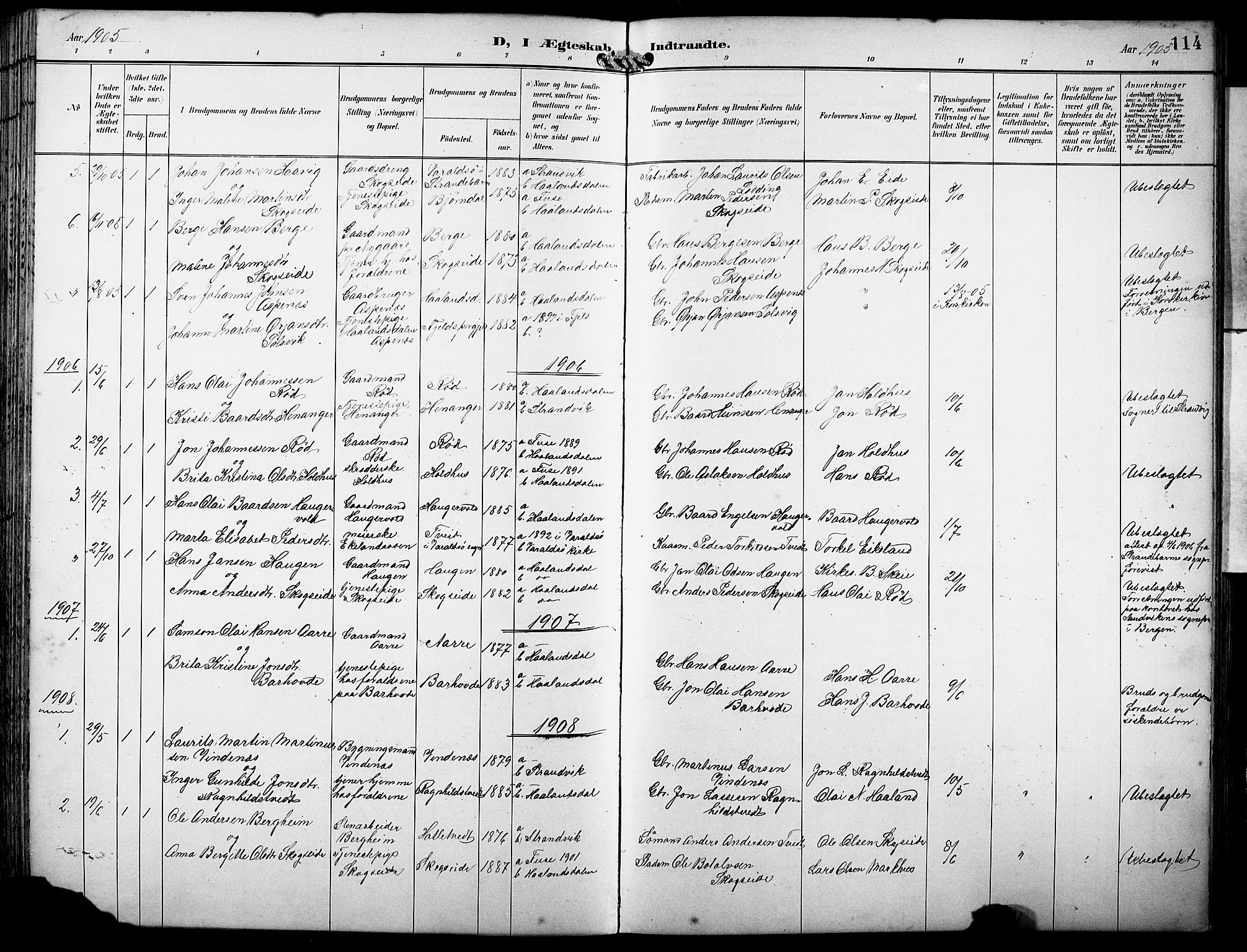 Fusa sokneprestembete, SAB/A-75401/H/Hab: Parish register (copy) no. B 2, 1897-1930, p. 114