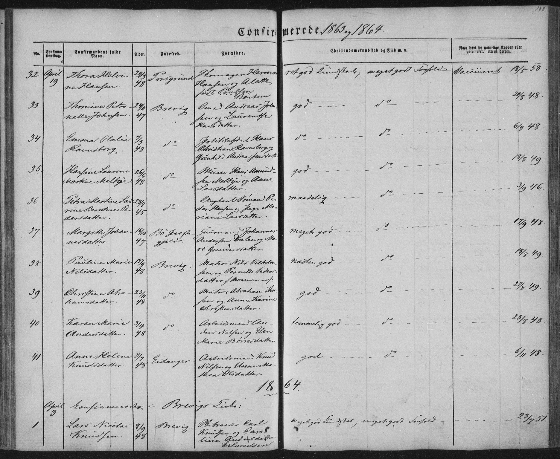 Brevik kirkebøker, SAKO/A-255/F/Fa/L0005: Parish register (official) no. 5, 1847-1865, p. 188