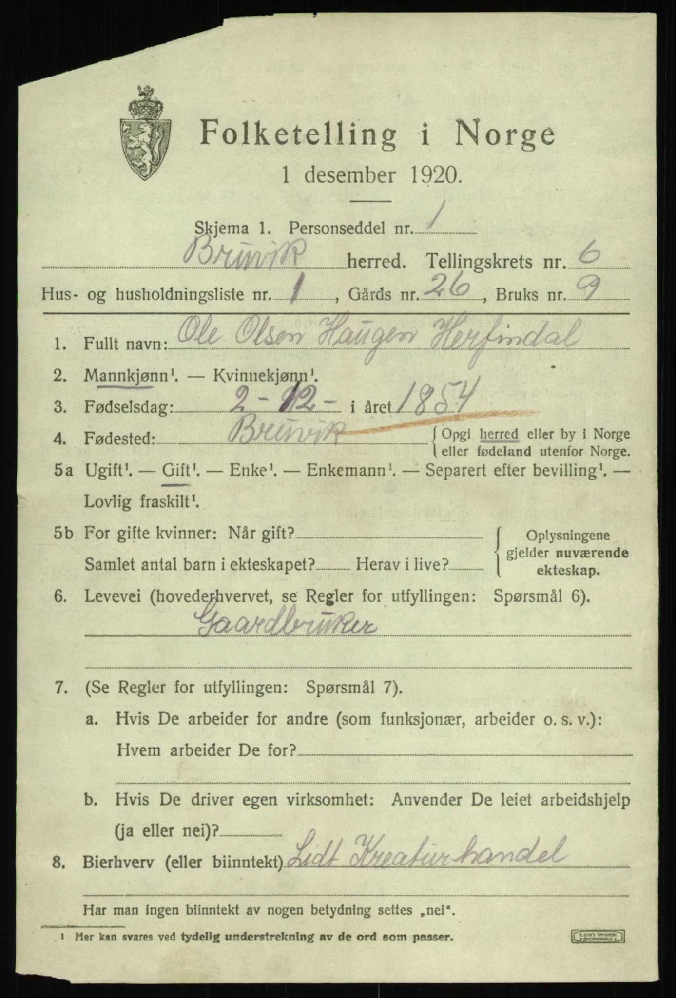 SAB, 1920 census for Bruvik, 1920, p. 3886