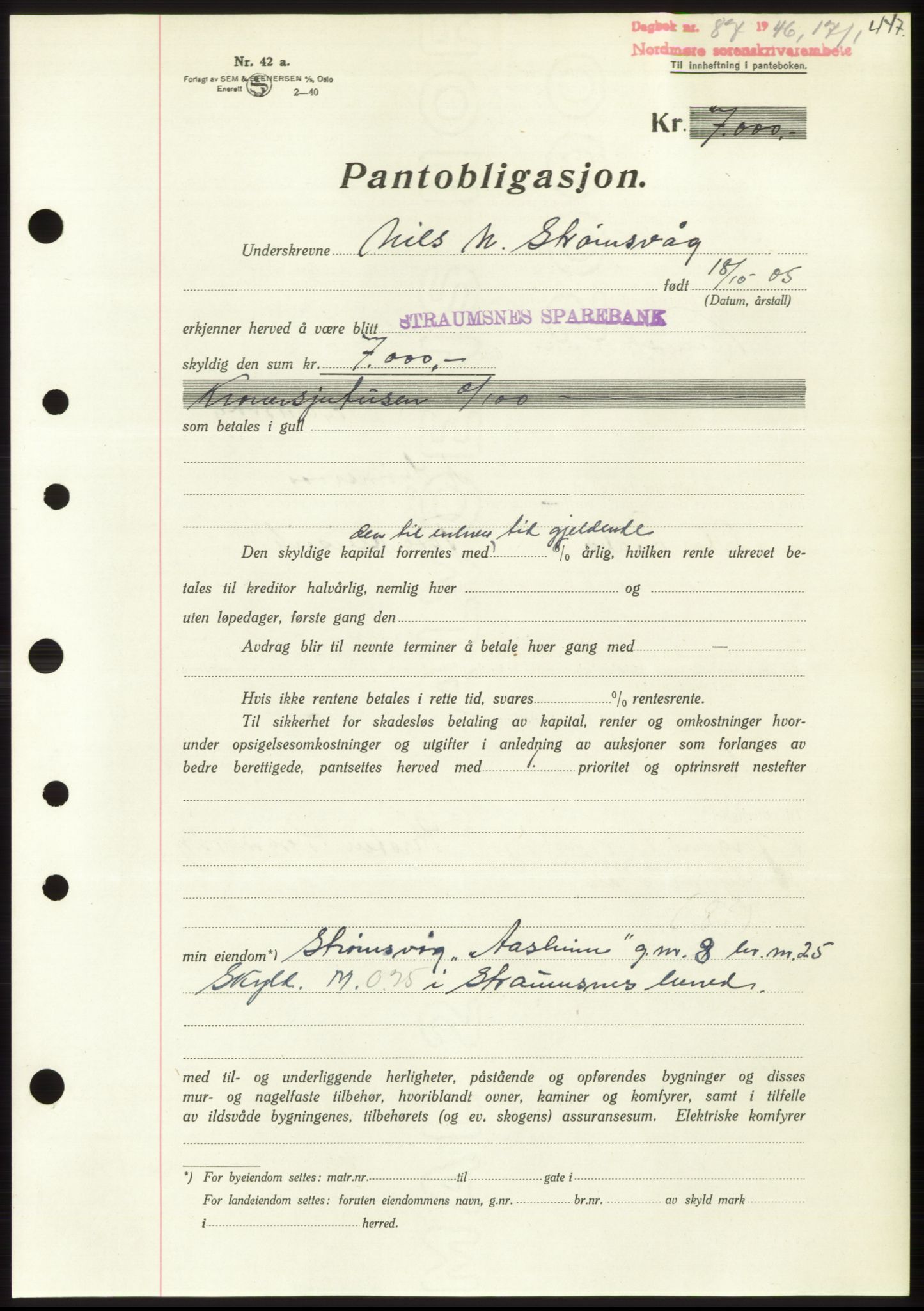 Nordmøre sorenskriveri, AV/SAT-A-4132/1/2/2Ca: Mortgage book no. B93b, 1946-1946, Diary no: : 87/1946