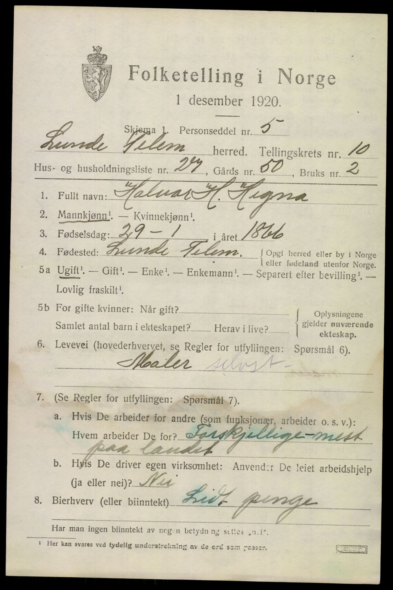 SAKO, 1920 census for Lunde, 1920, p. 6033