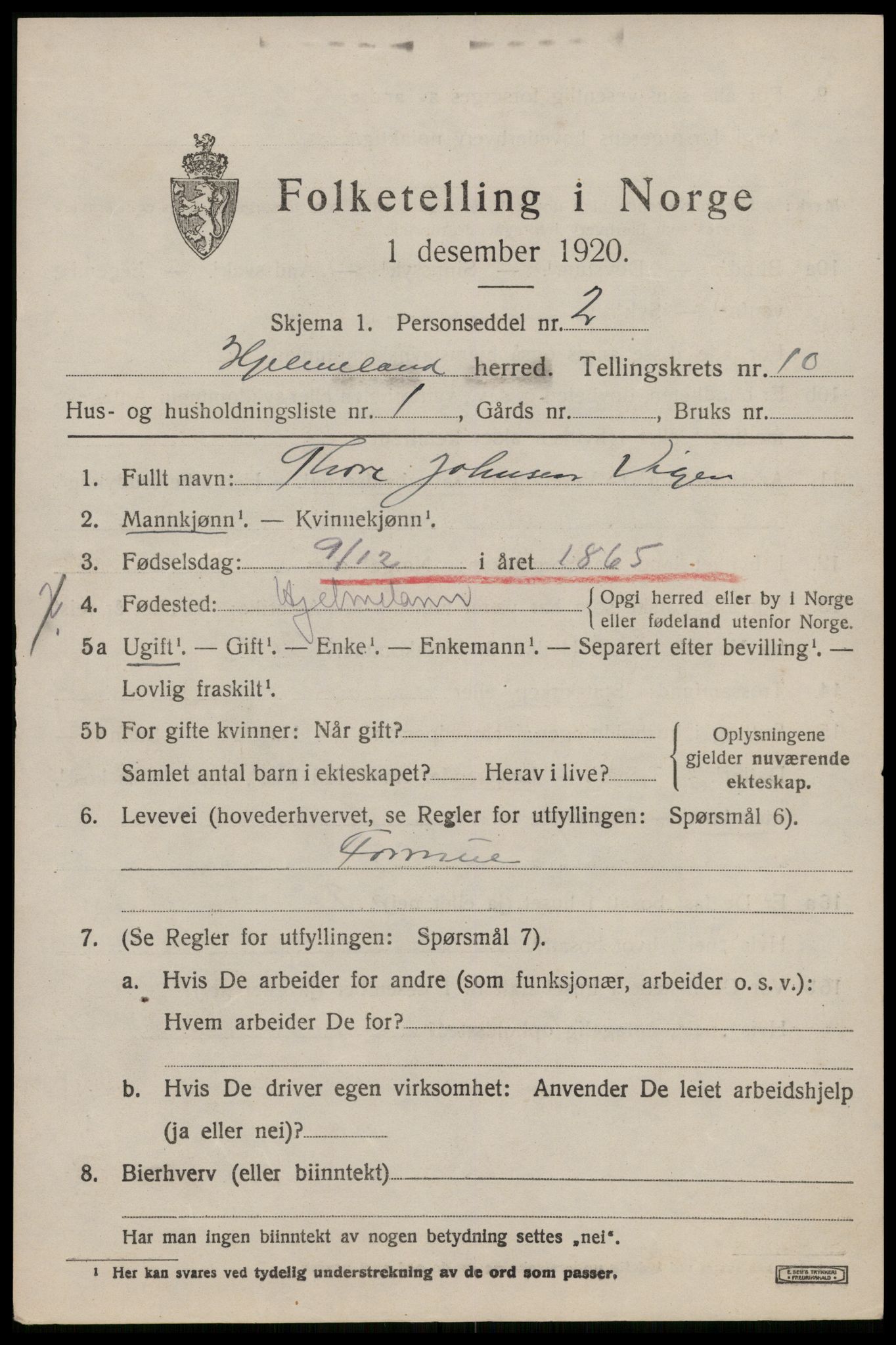 SAST, 1920 census for Hjelmeland, 1920, p. 3123