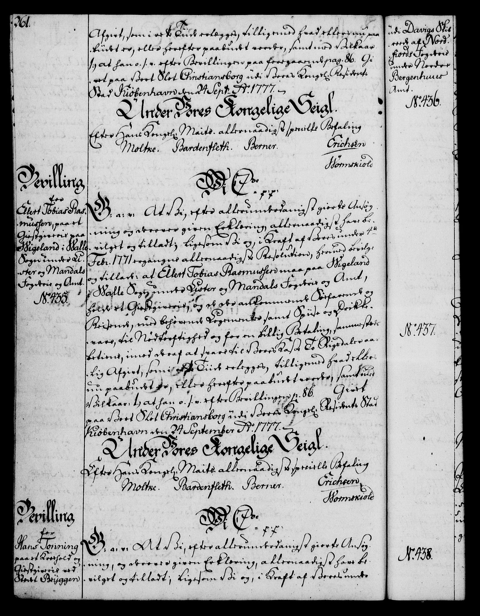 Rentekammeret, Kammerkanselliet, AV/RA-EA-3111/G/Gg/Gga/L0010: Norsk ekspedisjonsprotokoll med register (merket RK 53.10), 1773-1778, p. 261