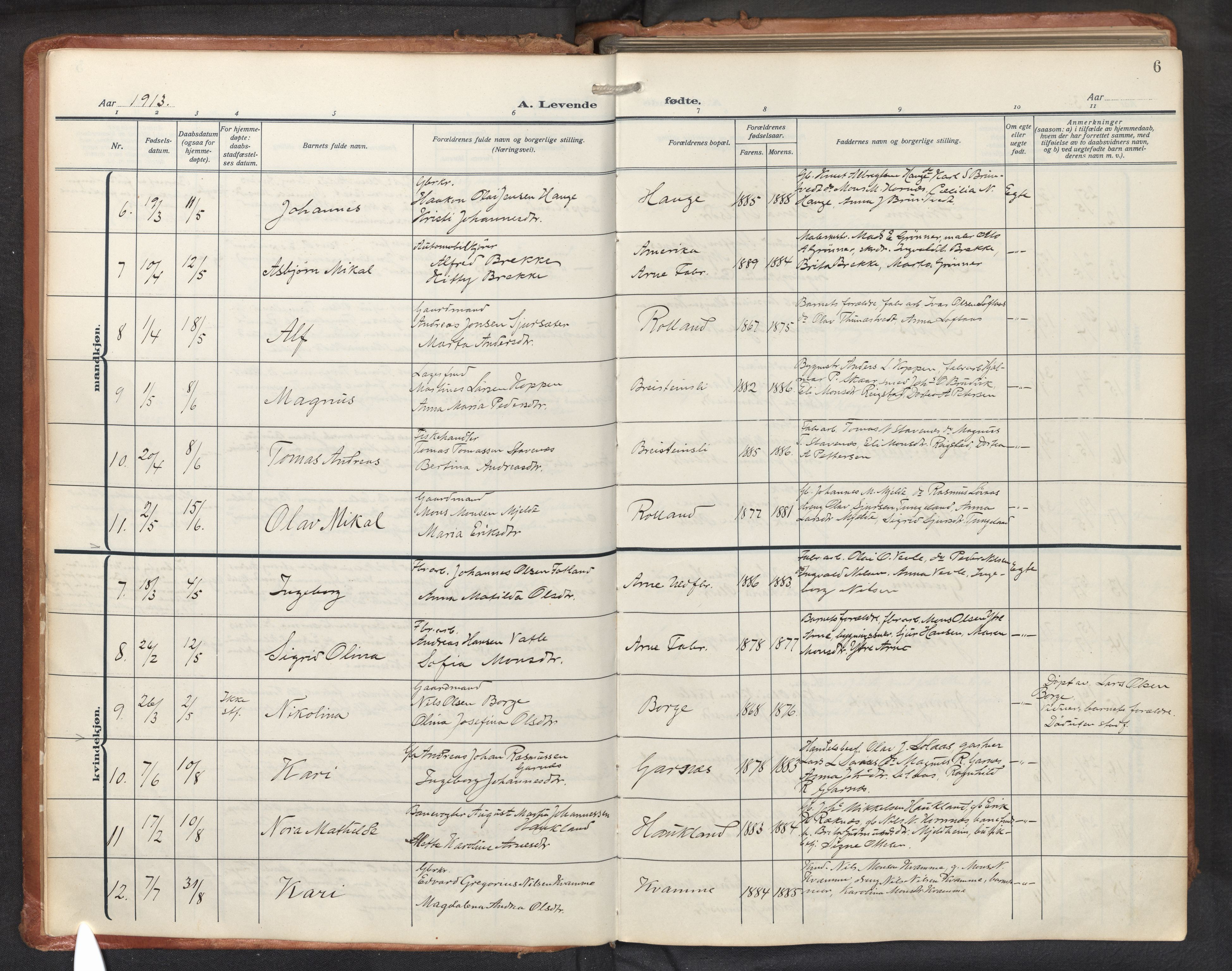 Haus sokneprestembete, AV/SAB-A-75601/H/Haa: Parish register (official) no. D 3, 1912-1927, p. 6