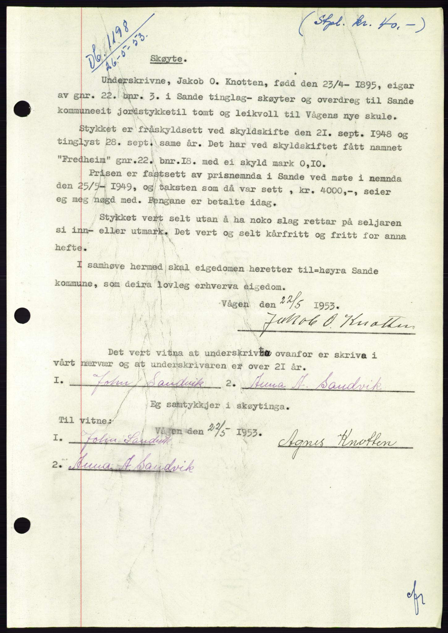 Søre Sunnmøre sorenskriveri, AV/SAT-A-4122/1/2/2C/L0095: Mortgage book no. 21A, 1953-1953, Diary no: : 1198/1953