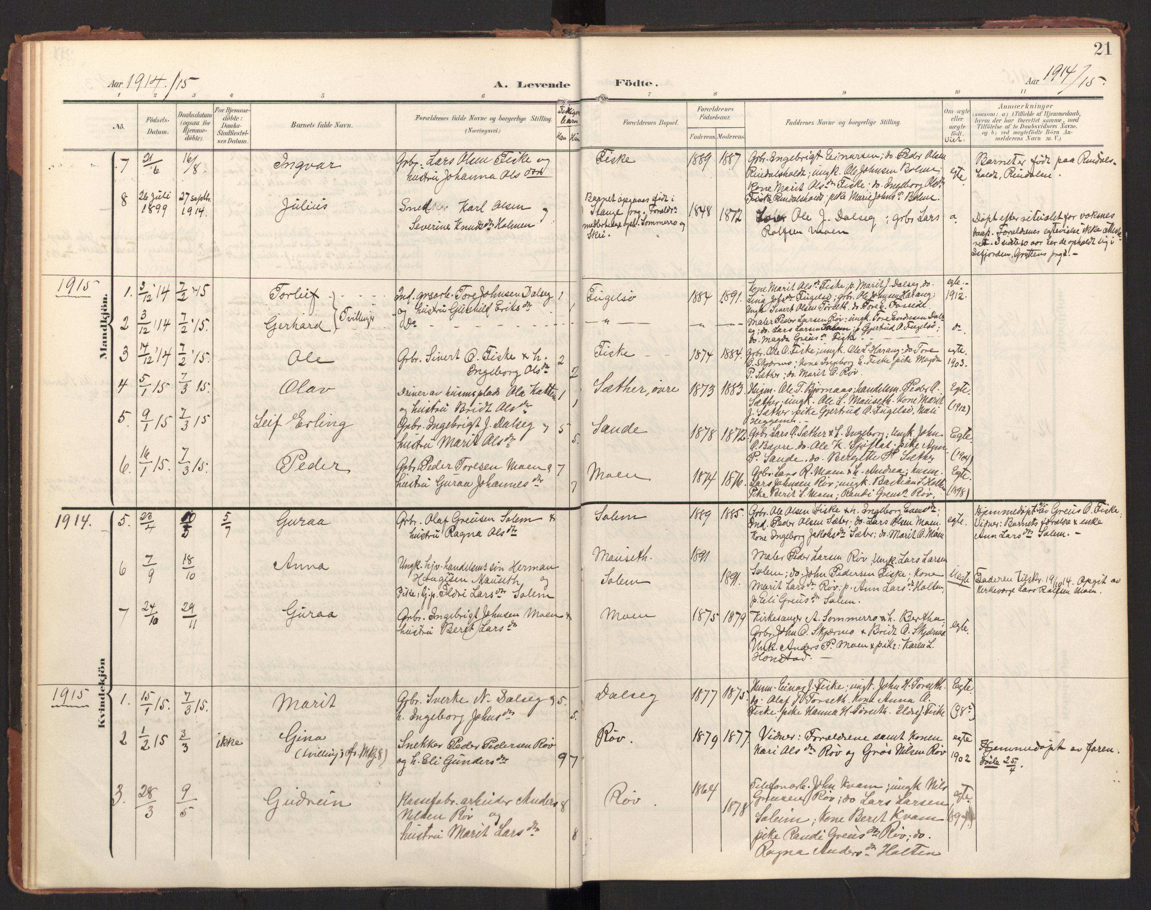 Ministerialprotokoller, klokkerbøker og fødselsregistre - Møre og Romsdal, AV/SAT-A-1454/597/L1063: Parish register (official) no. 597A02, 1905-1923, p. 21