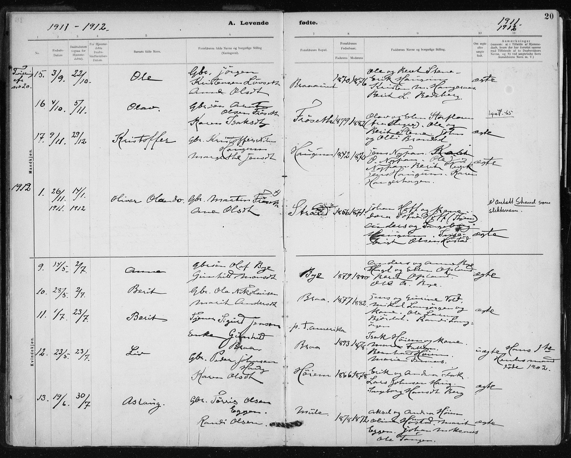 Ministerialprotokoller, klokkerbøker og fødselsregistre - Sør-Trøndelag, SAT/A-1456/612/L0381: Parish register (official) no. 612A13, 1907-1923, p. 20