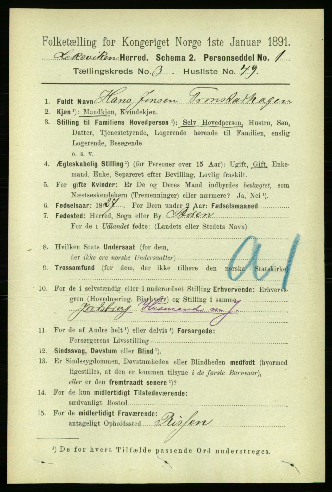 RA, 1891 census for 1718 Leksvik, 1891, p. 1453