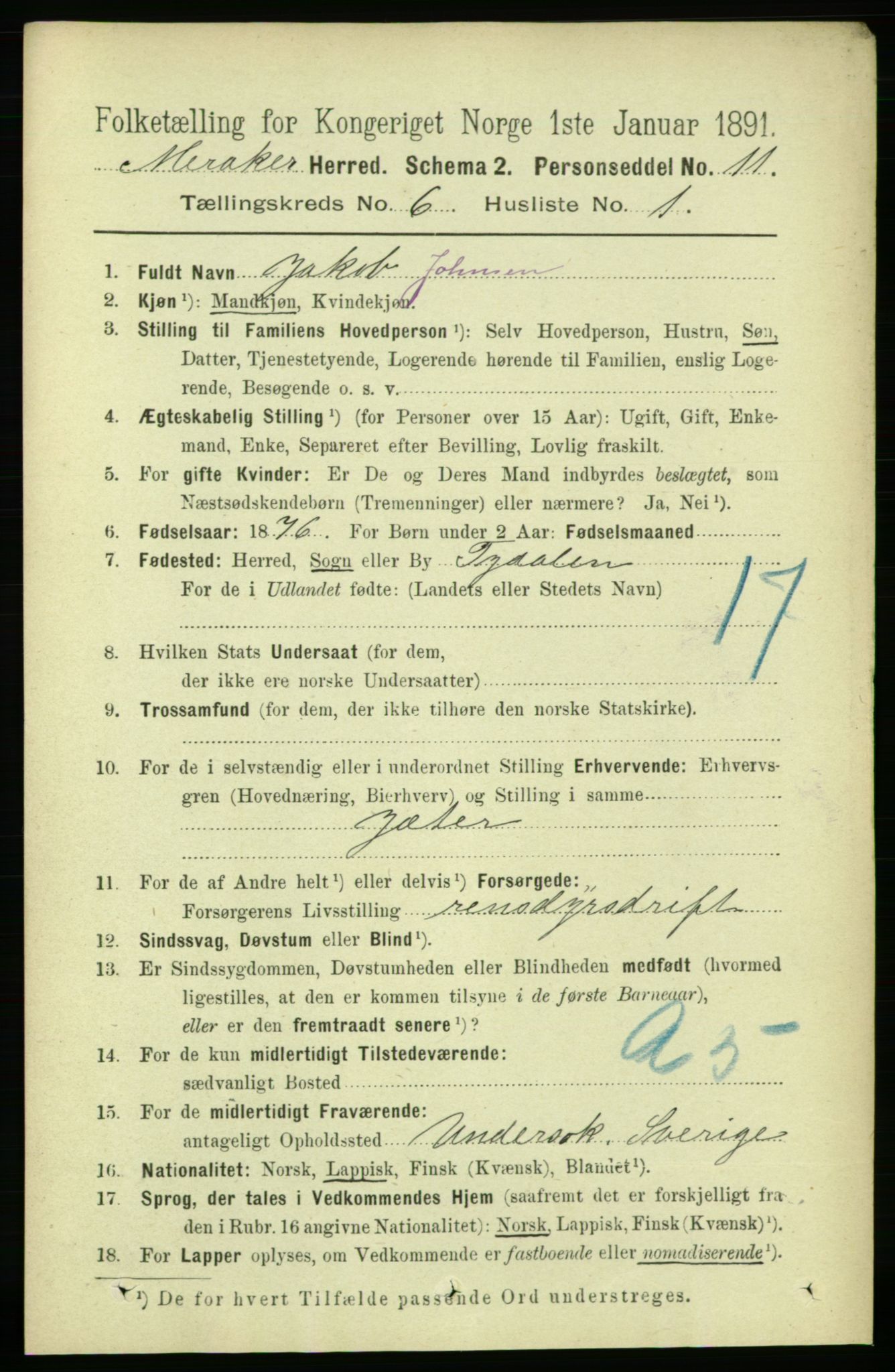 RA, 1891 census for 1711 Meråker, 1891, p. 2036