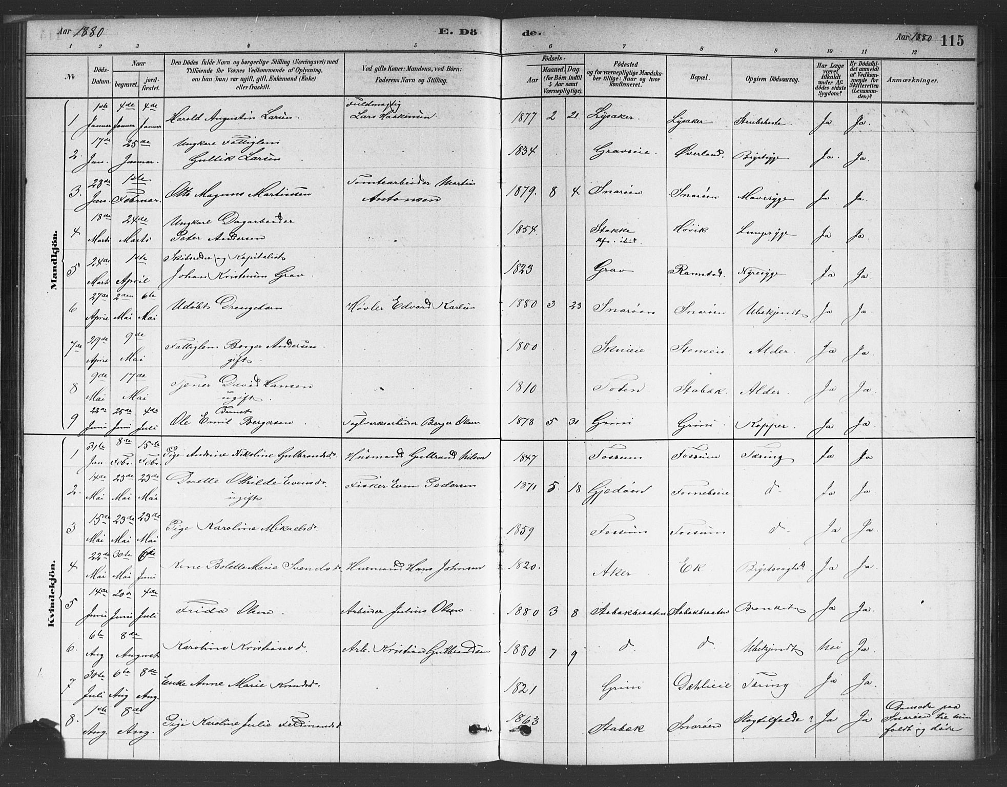 Asker prestekontor Kirkebøker, AV/SAO-A-10256a/F/Fc/L0001: Parish register (official) no. III 1, 1879-1892, p. 115