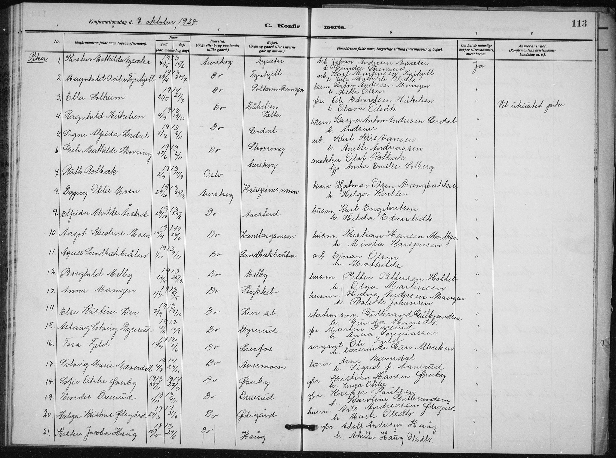 Aurskog prestekontor Kirkebøker, AV/SAO-A-10304a/G/Ga/L0006: Parish register (copy) no. I 6, 1923-1939, p. 113