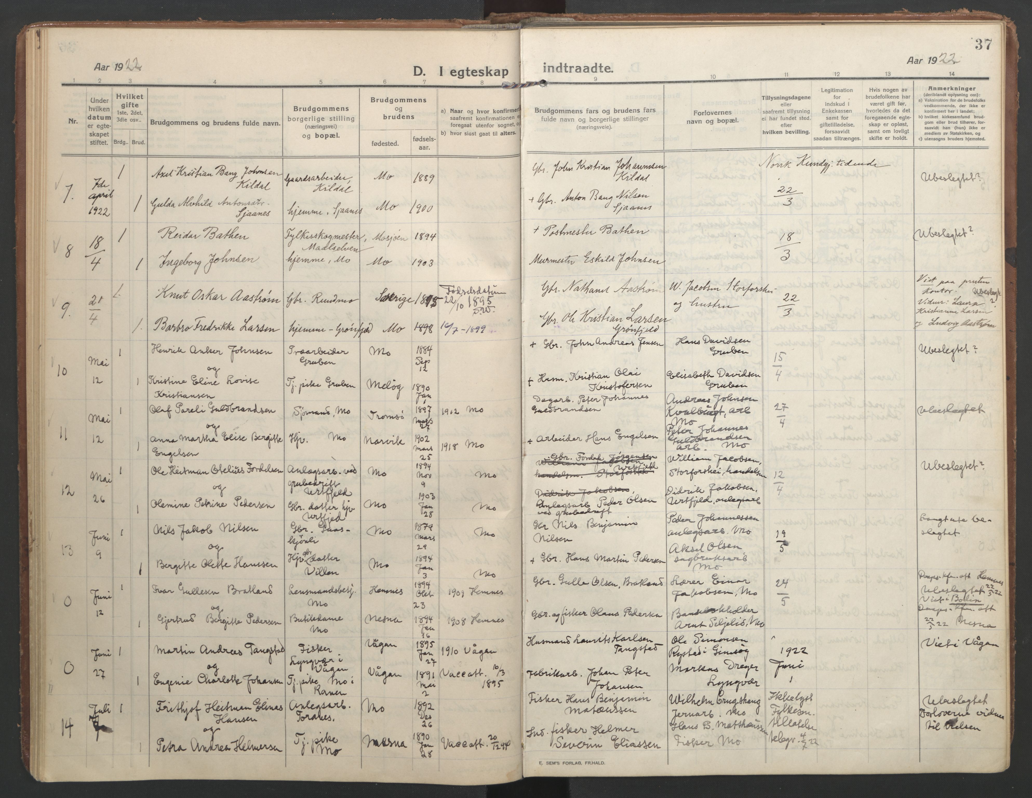 Ministerialprotokoller, klokkerbøker og fødselsregistre - Nordland, SAT/A-1459/827/L0405: Parish register (official) no. 827A17, 1912-1925, p. 37