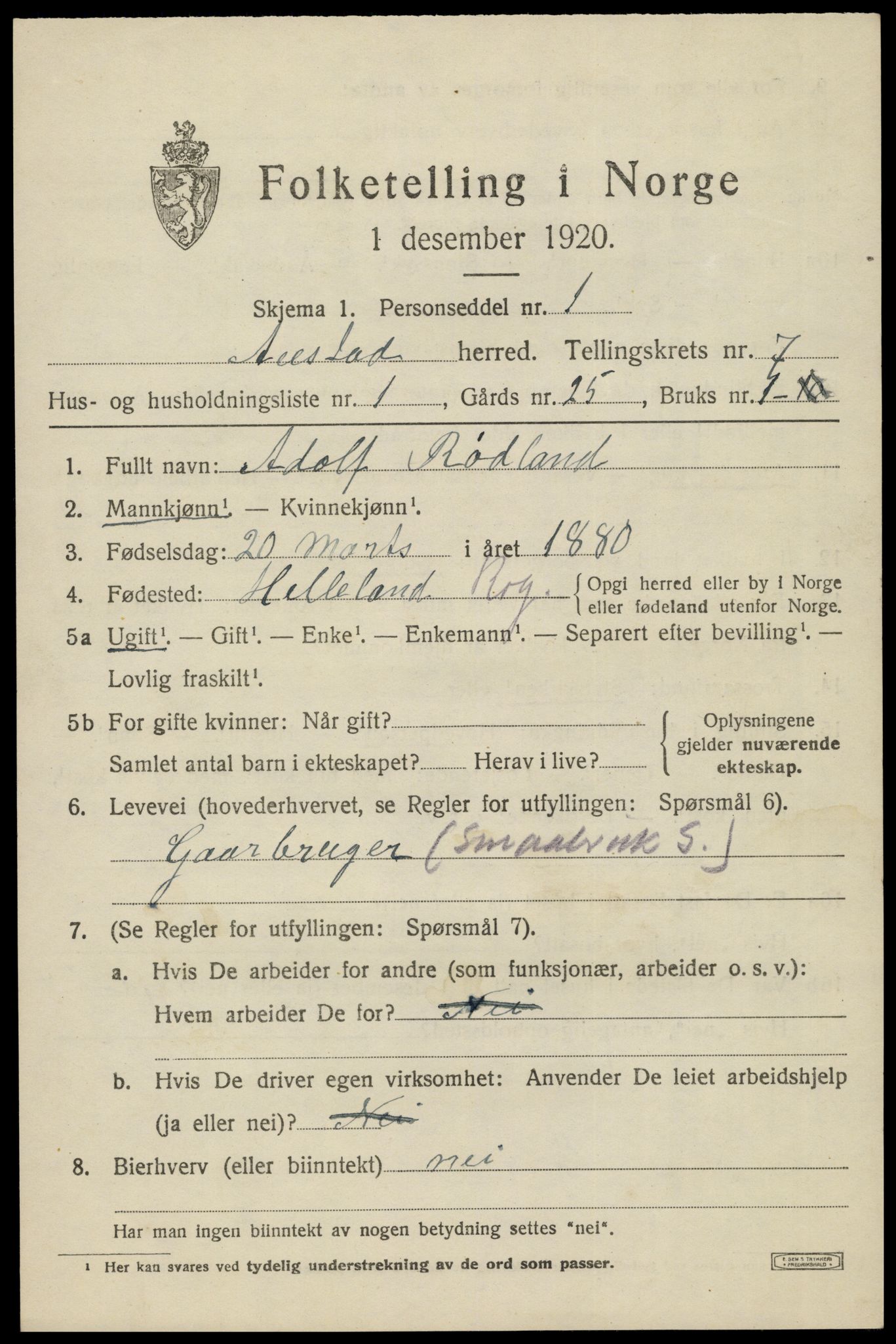 SAK, 1920 census for Austad, 1920, p. 2291