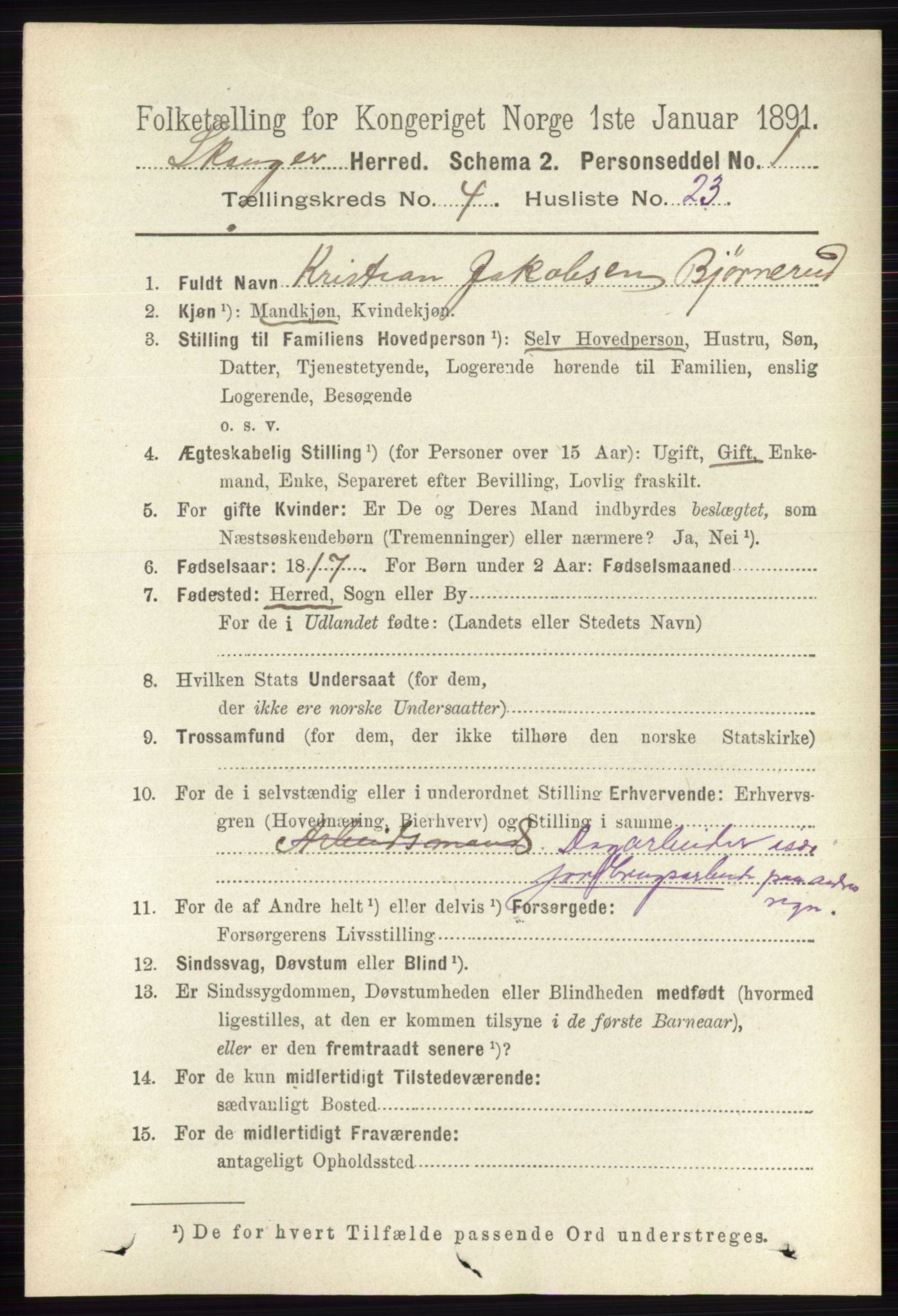 RA, 1891 census for 0712 Skoger, 1891, p. 2423