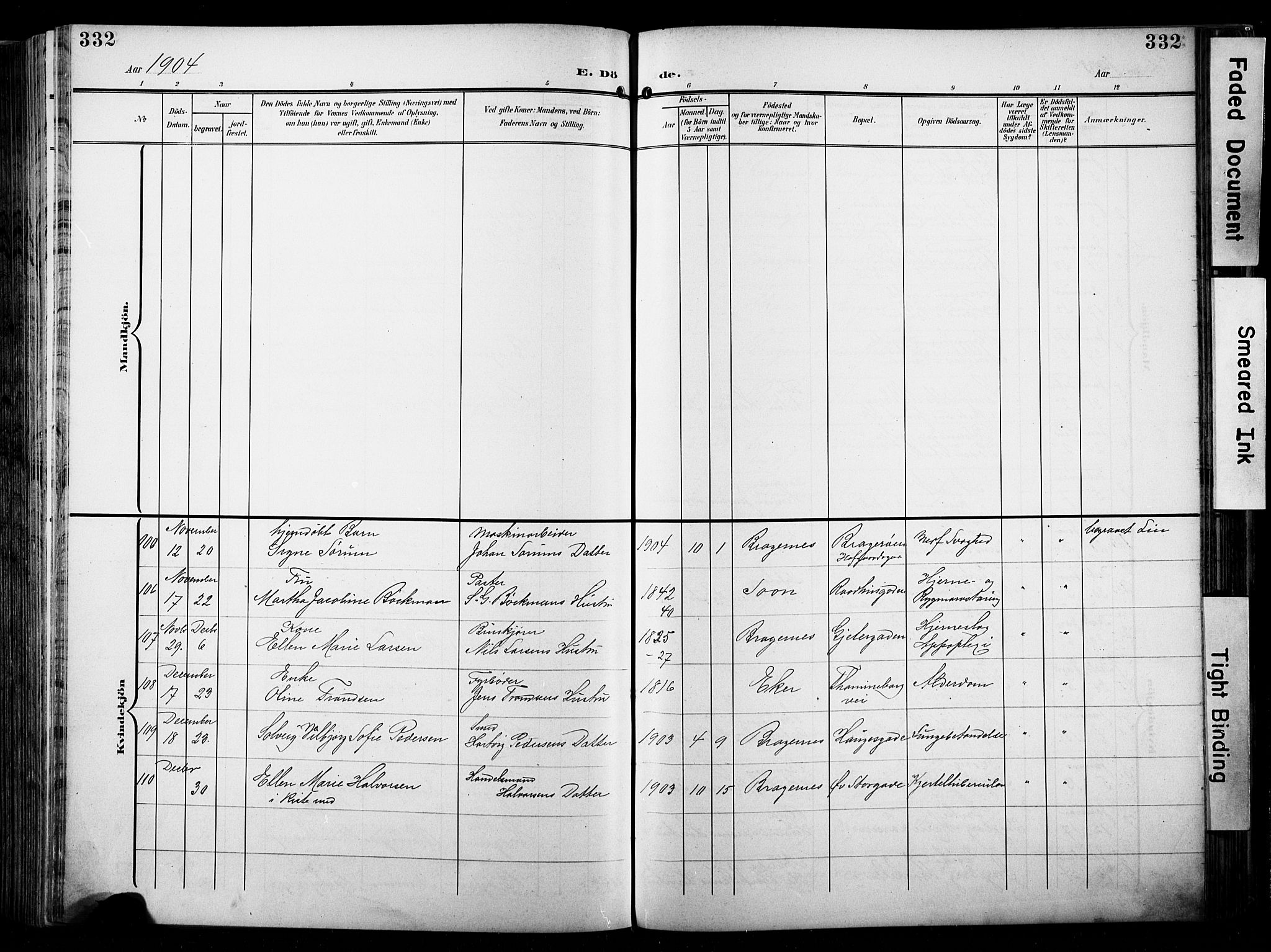 Bragernes kirkebøker, SAKO/A-6/F/Fb/L0009: Parish register (official) no. II 9, 1902-1911, p. 332