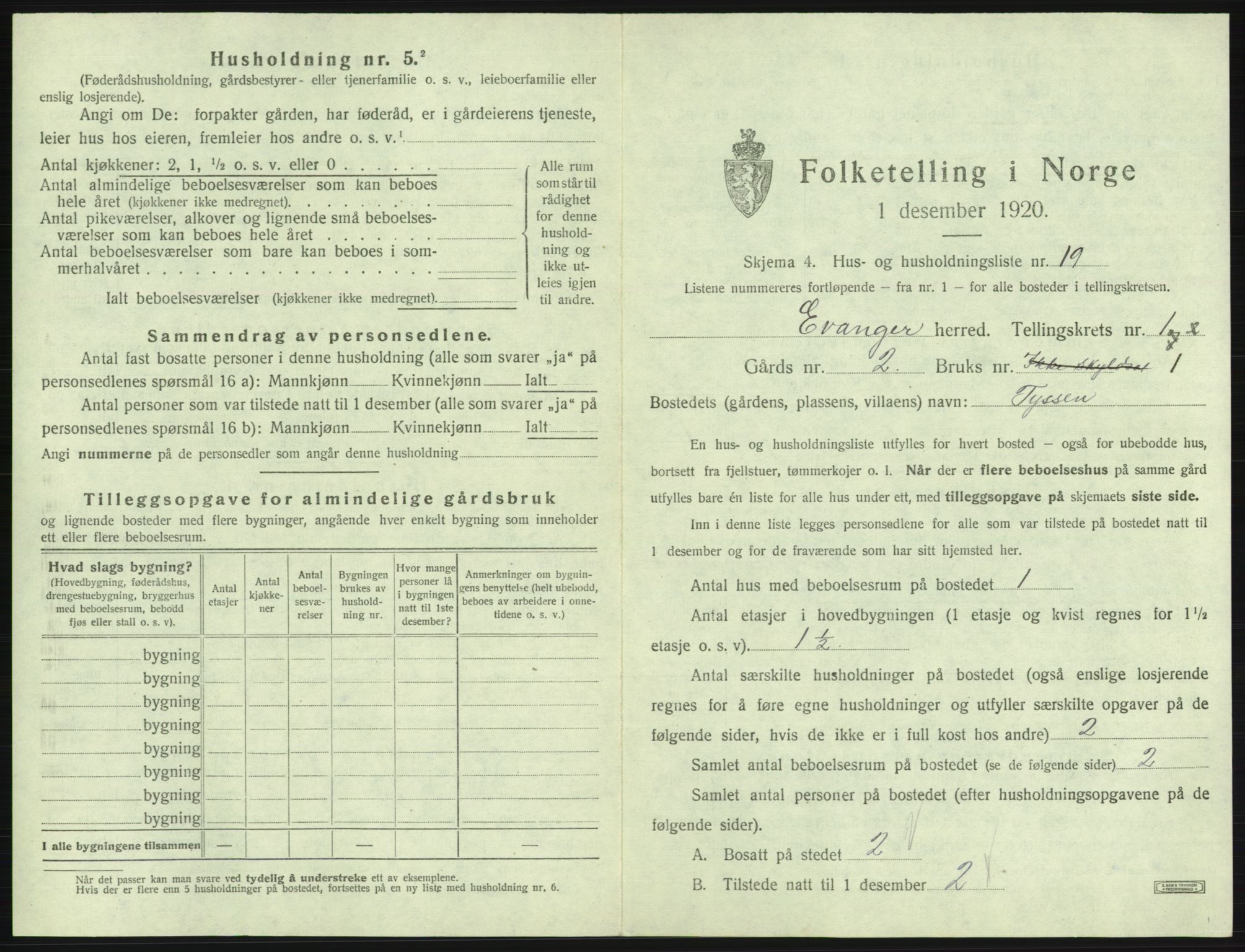 SAB, 1920 census for Evanger, 1920, p. 97