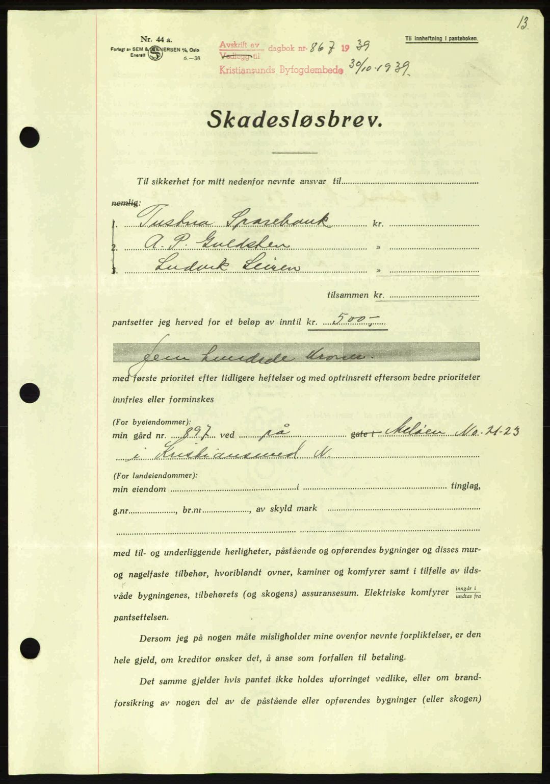 Kristiansund byfogd, AV/SAT-A-4587/A/27: Mortgage book no. 33, 1939-1941, Diary no: : 867/1939