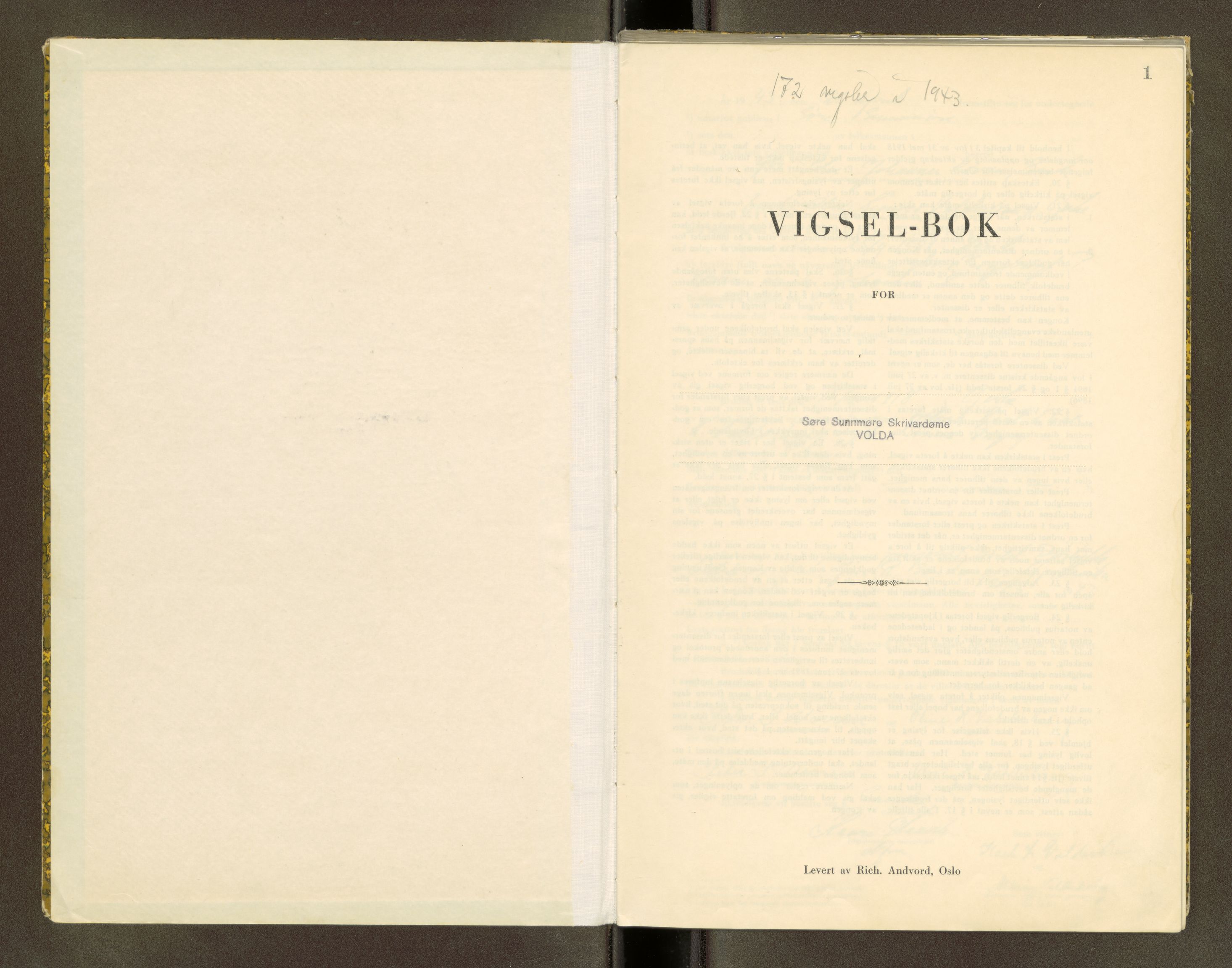 Søre Sunnmøre sorenskriveri, SAT/A-4122/1/6/6D/L0002: Vigselsbok, 1943-1944, p. 1