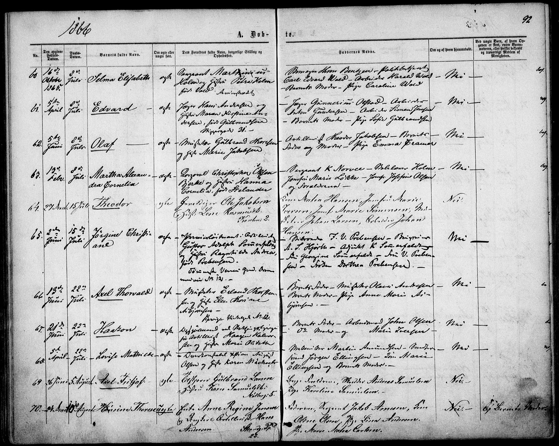 Garnisonsmenigheten Kirkebøker, AV/SAO-A-10846/F/Fa/L0010: Parish register (official) no. 10, 1859-1869, p. 92