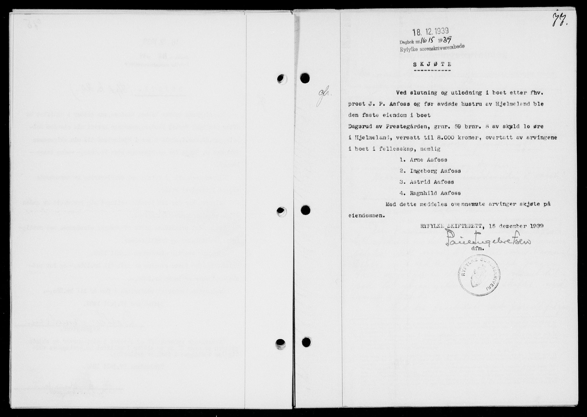 Ryfylke tingrett, SAST/A-100055/001/II/IIB/L0081: Mortgage book no. 60, 1939-1940, Diary no: : 1615/1939
