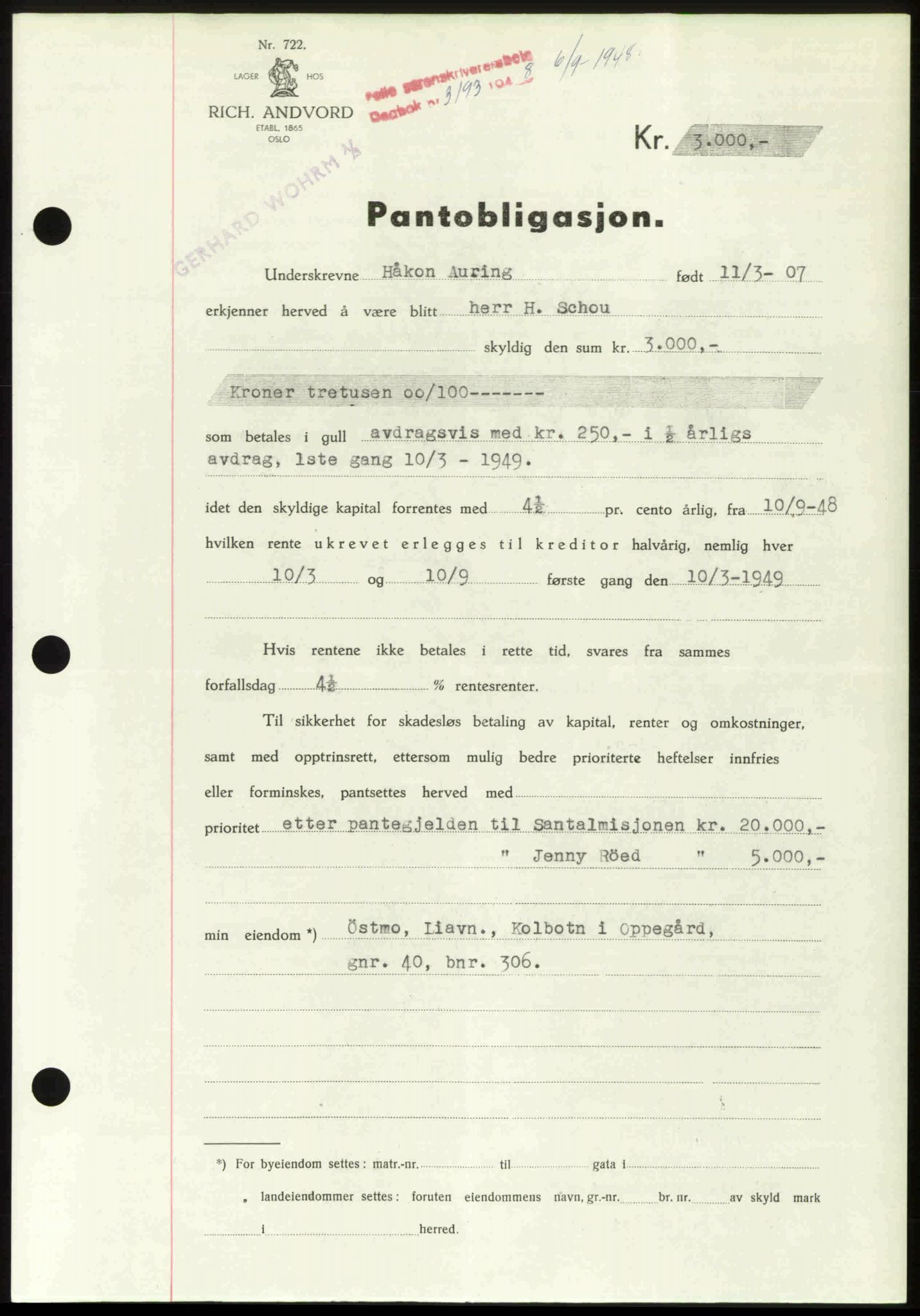 Follo sorenskriveri, SAO/A-10274/G/Ga/Gaa/L0085: Mortgage book no. I 85, 1948-1948, Diary no: : 3193/1948