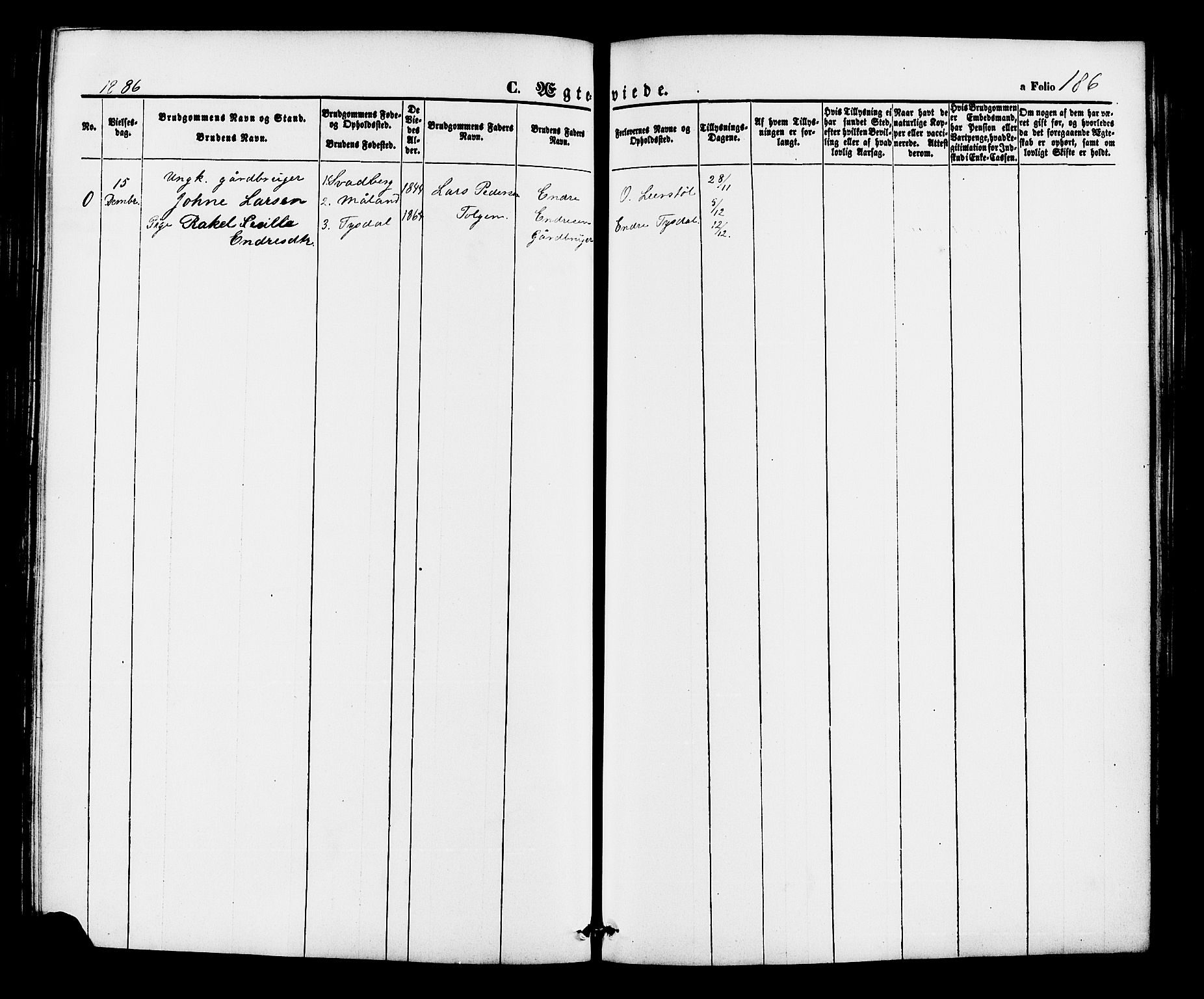 Hjelmeland sokneprestkontor, AV/SAST-A-101843/01/IV/L0012: Parish register (official) no. A 12, 1862-1886, p. 186