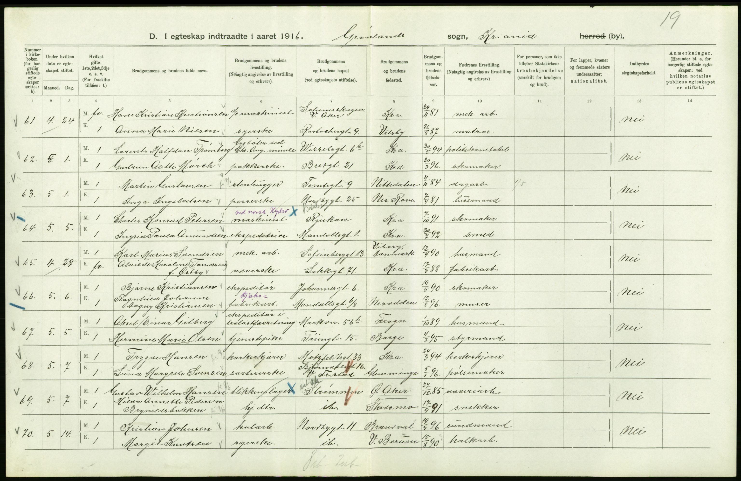 Statistisk sentralbyrå, Sosiodemografiske emner, Befolkning, AV/RA-S-2228/D/Df/Dfb/Dfbf/L0008: Kristiania: Gifte, 1916, p. 556