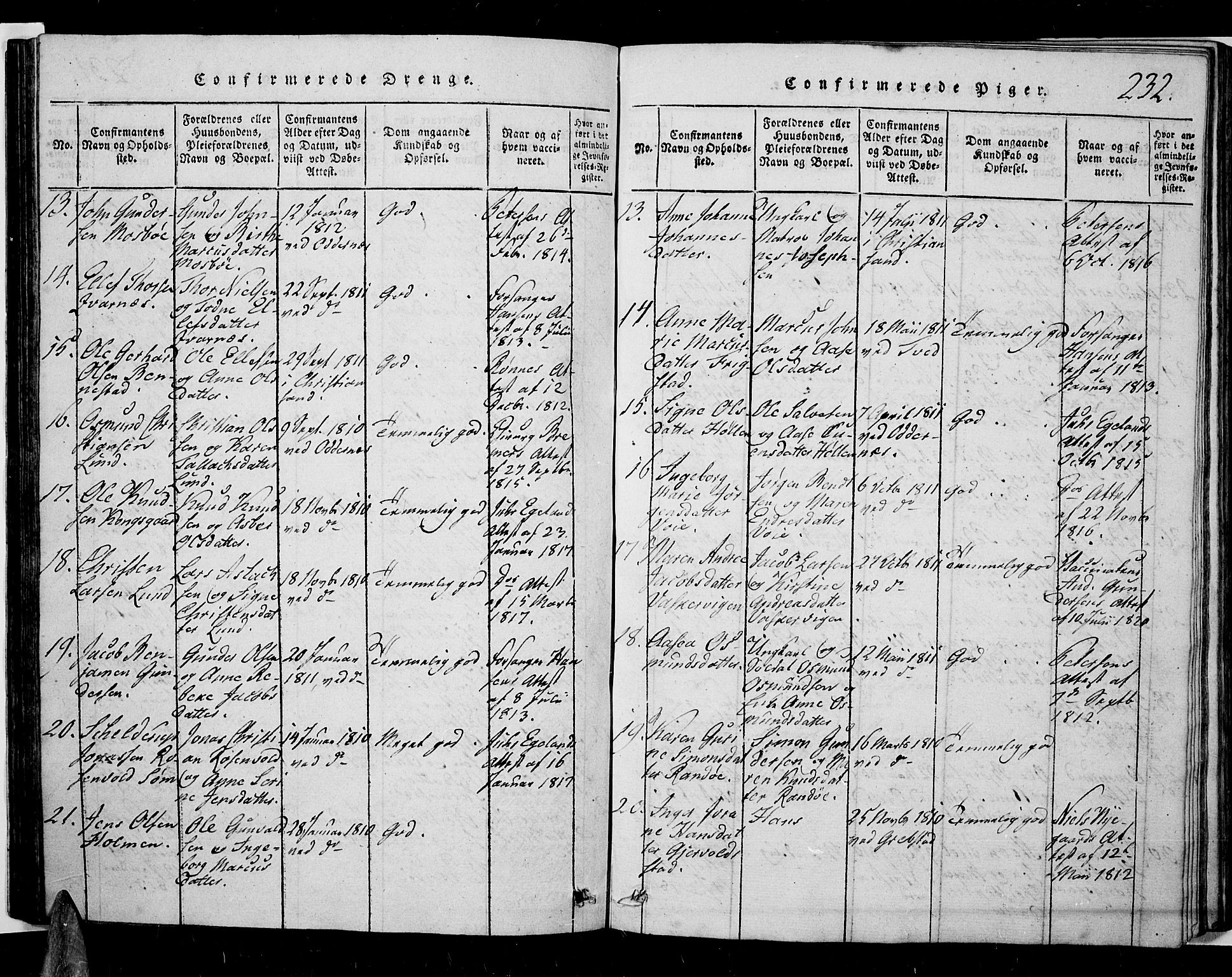 Oddernes sokneprestkontor, SAK/1111-0033/F/Fb/Fba/L0003: Parish register (copy) no. B 3, 1820-1838, p. 232