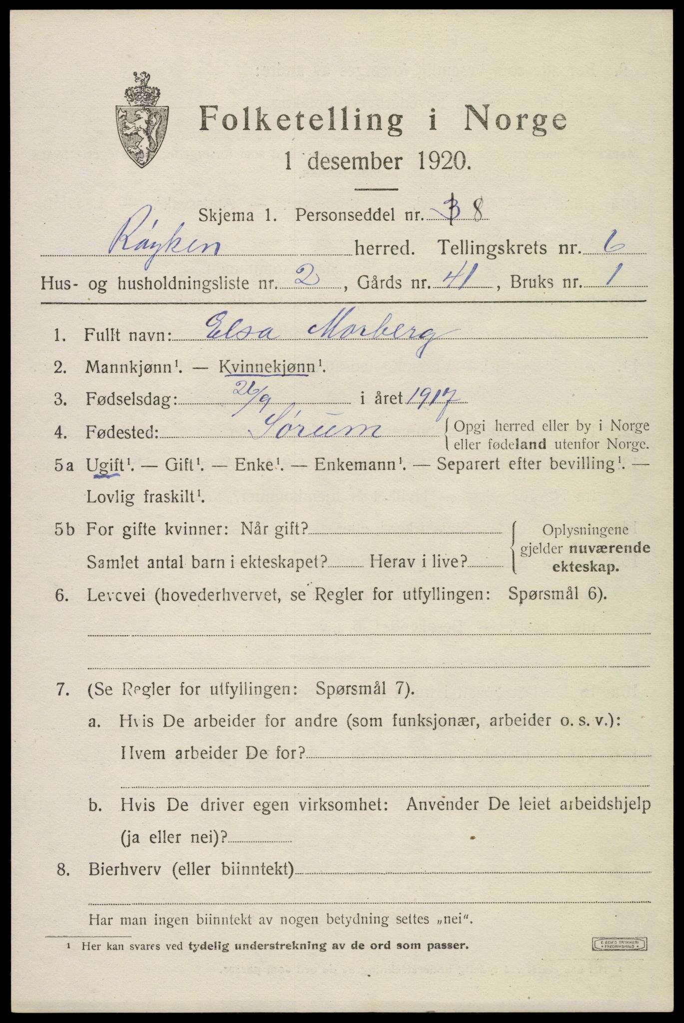 SAKO, 1920 census for Røyken, 1920, p. 9730