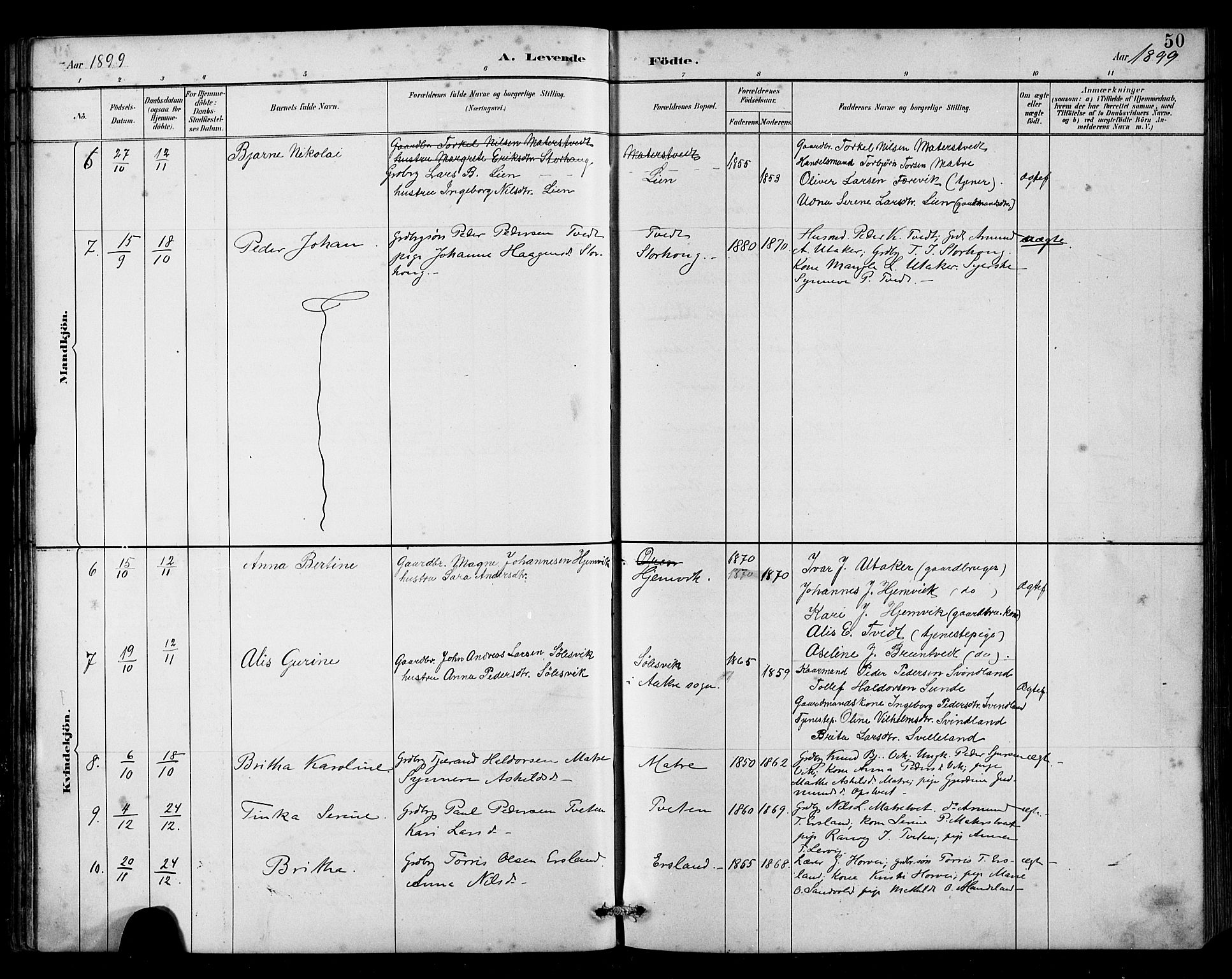 Husnes Sokneprestembete, SAB/A-75901/H/Hab: Parish register (copy) no. B 2, 1884-1914, p. 50