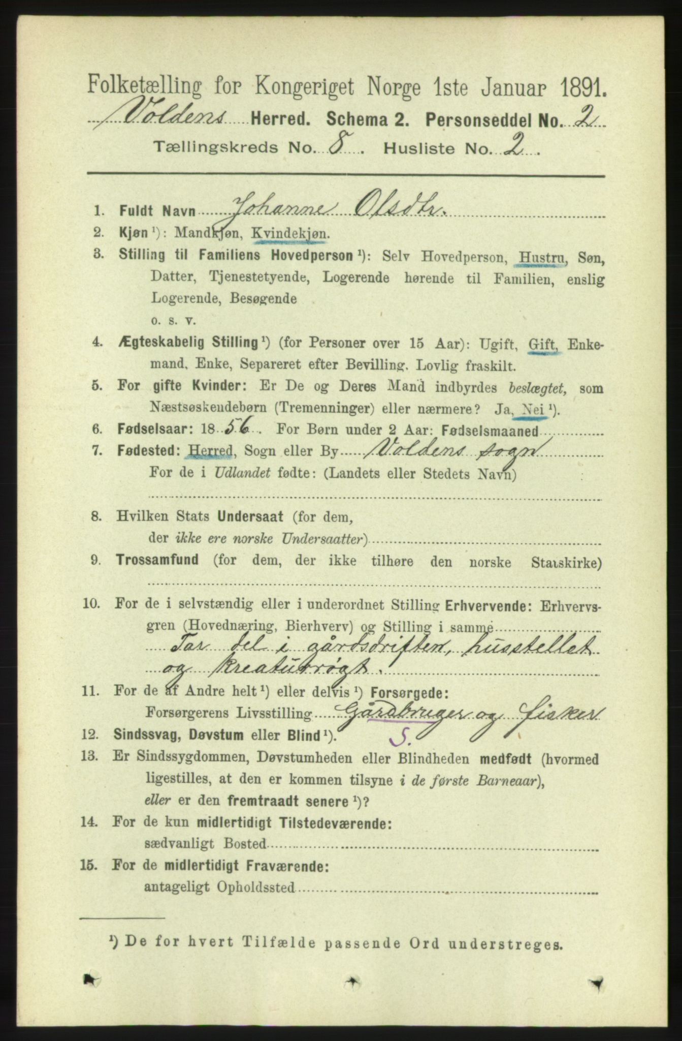 RA, 1891 census for 1519 Volda, 1891, p. 3833