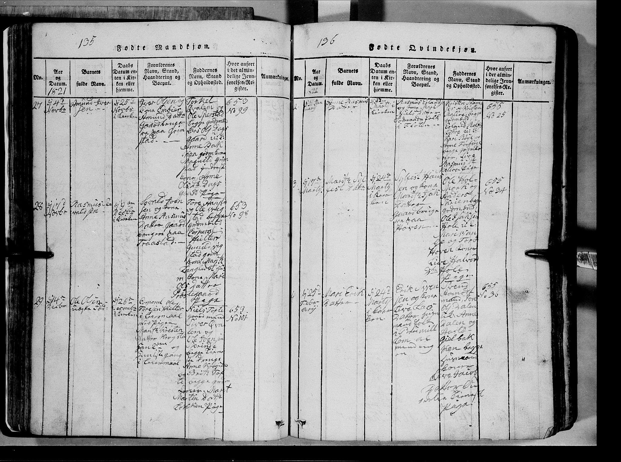 Lom prestekontor, SAH/PREST-070/L/L0003: Parish register (copy) no. 3, 1815-1844, p. 135-136