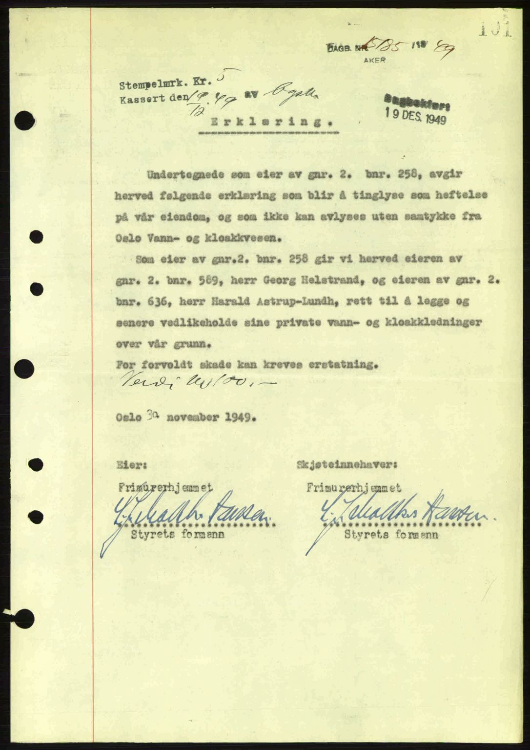 Oslo byskriverembete, AV/SAO-A-10227/G/Gb/Gbd/Gbda/L0017: Mortgage book no. A215, 1949-1950, Diary no: : 15185/1949