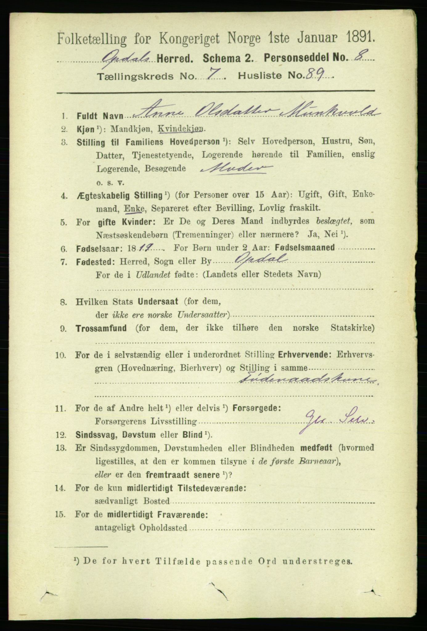 RA, 1891 census for 1634 Oppdal, 1891, p. 4037