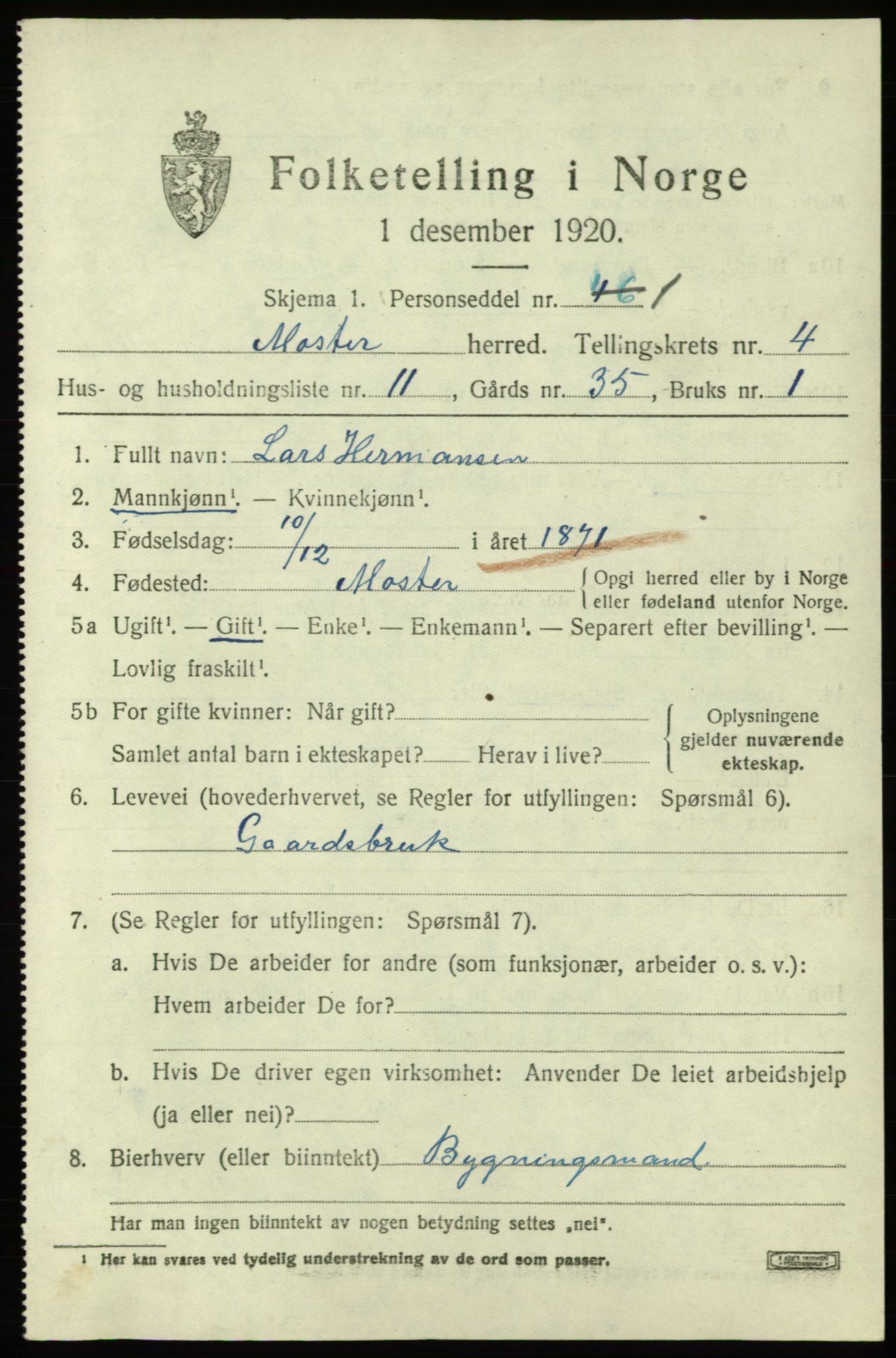 SAB, 1920 census for Moster, 1920, p. 1411