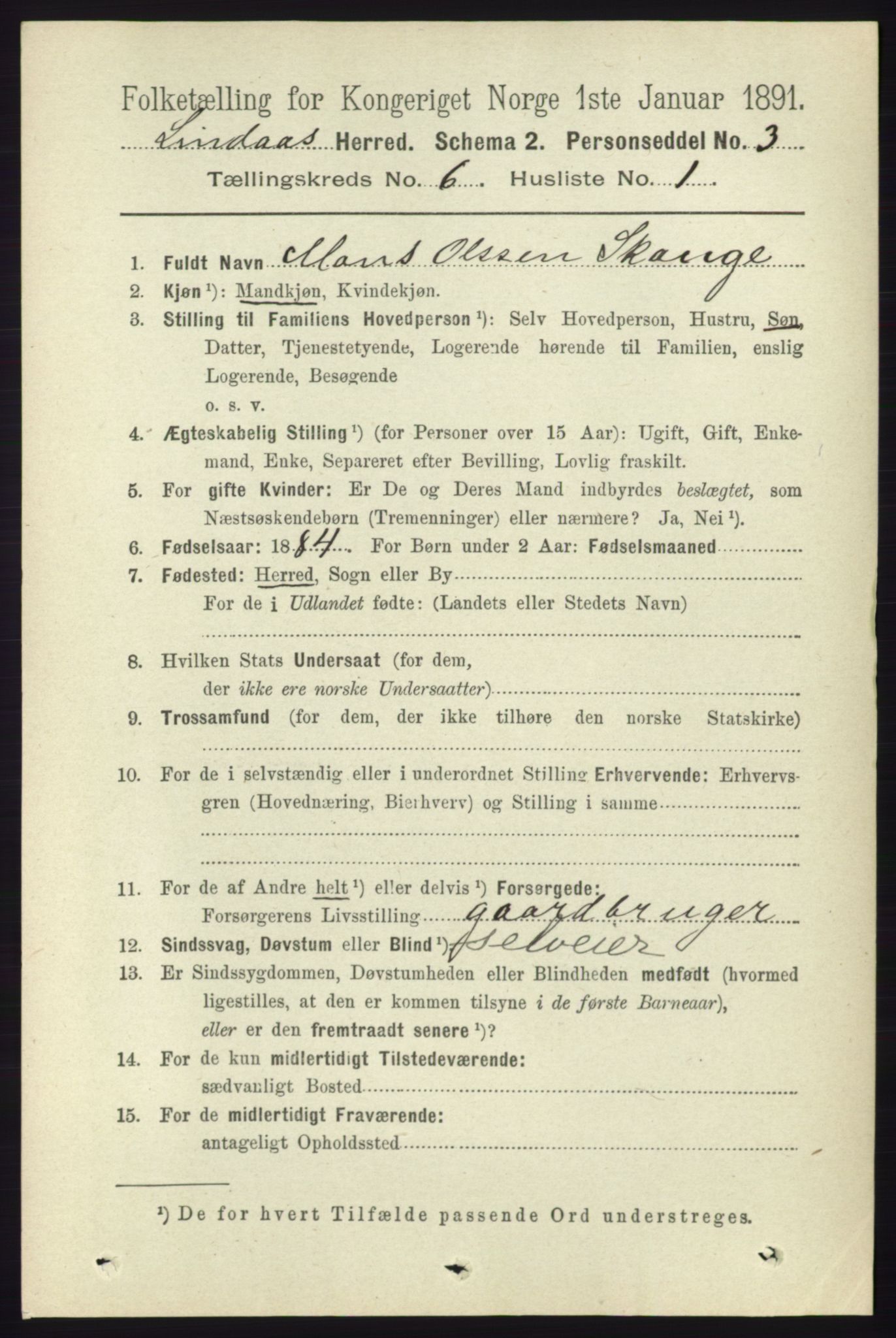 RA, 1891 census for 1263 Lindås, 1891, p. 1850