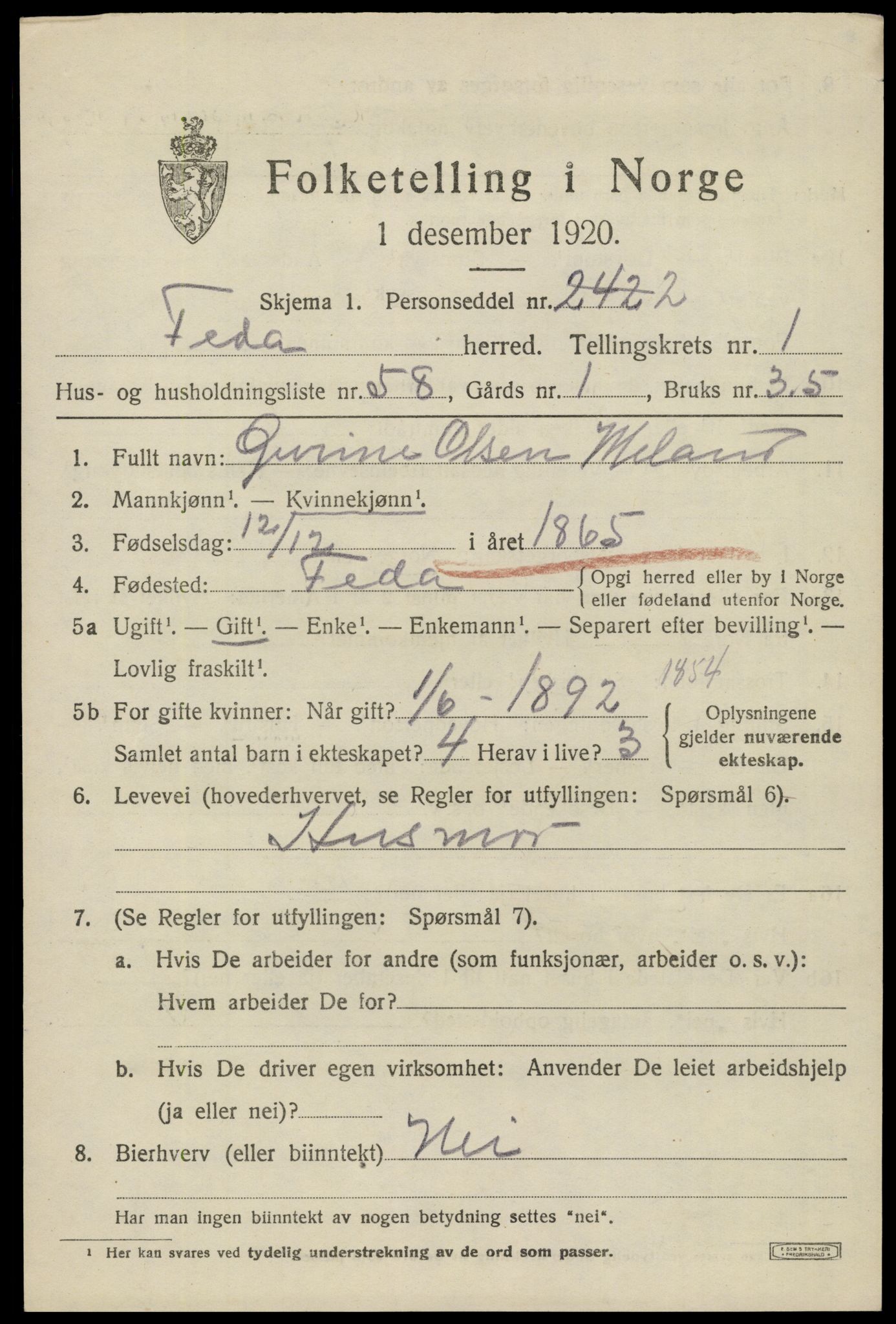 SAK, 1920 census for Feda, 1920, p. 935