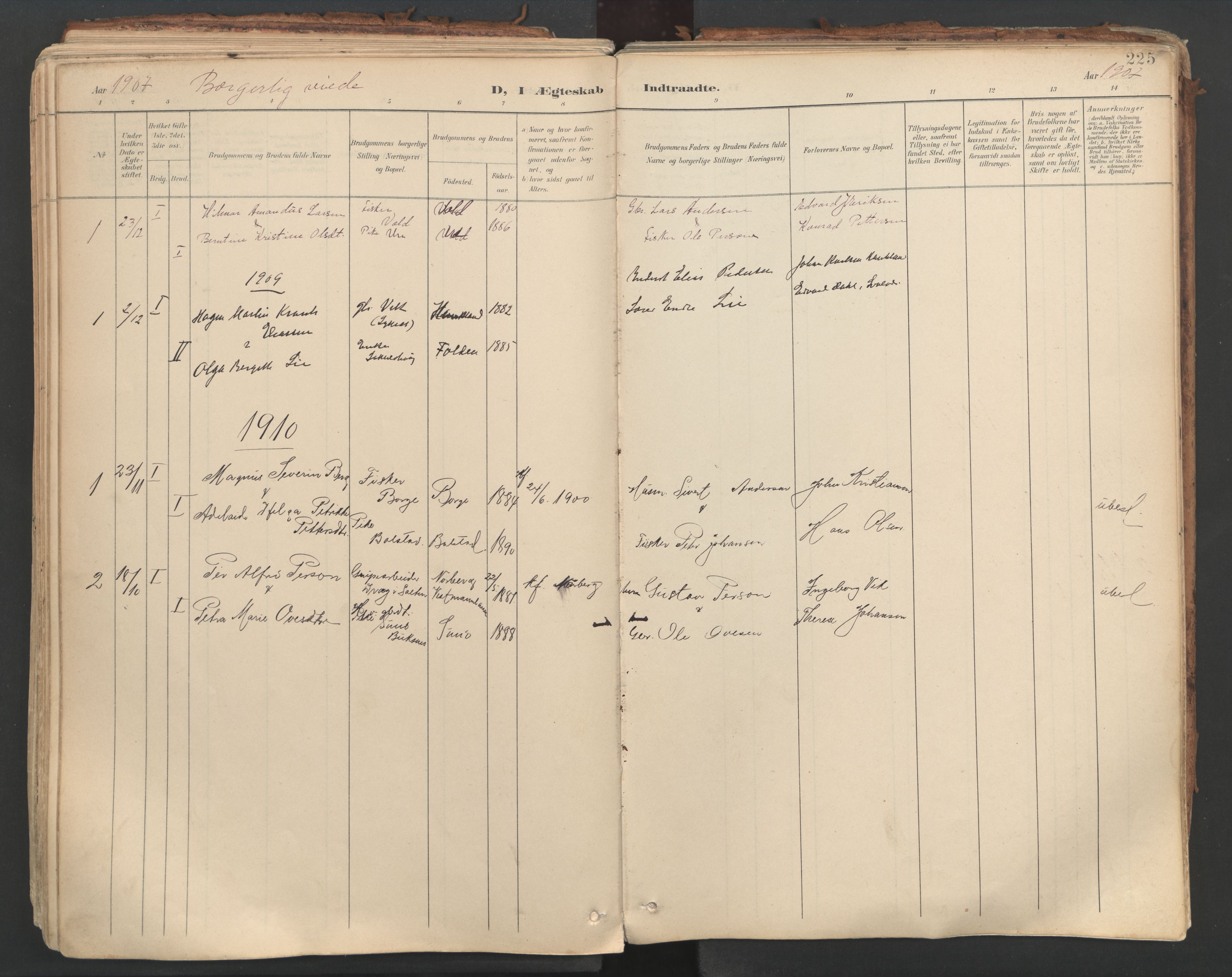 Ministerialprotokoller, klokkerbøker og fødselsregistre - Nordland, AV/SAT-A-1459/881/L1154: Parish register (official) no. 881A07, 1907-1918, p. 225