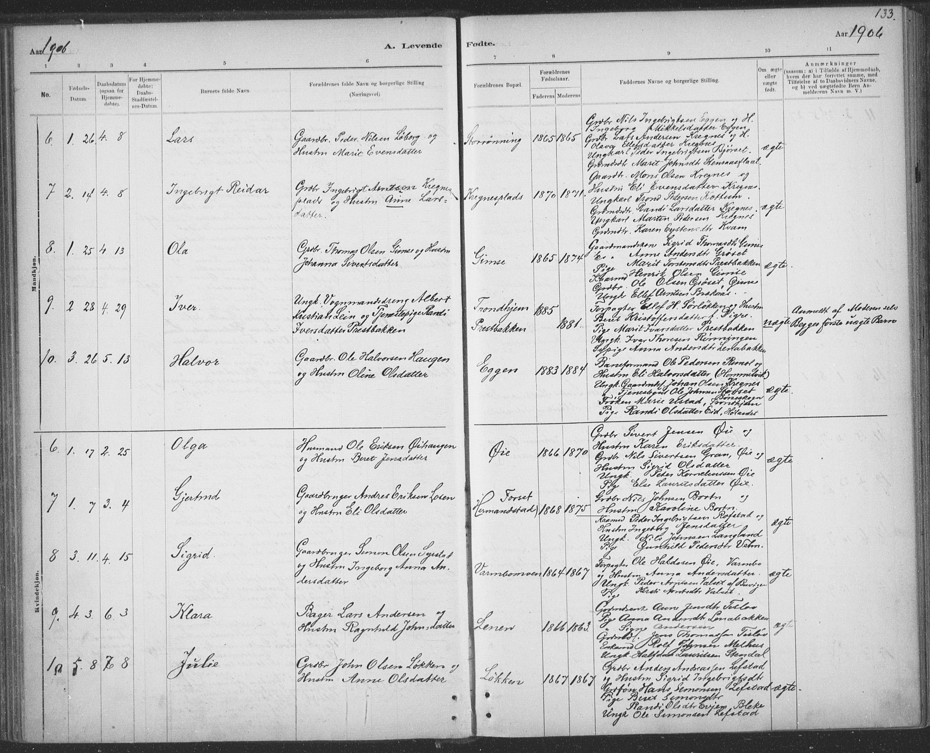 Ministerialprotokoller, klokkerbøker og fødselsregistre - Sør-Trøndelag, SAT/A-1456/691/L1085: Parish register (official) no. 691A17, 1887-1908, p. 133