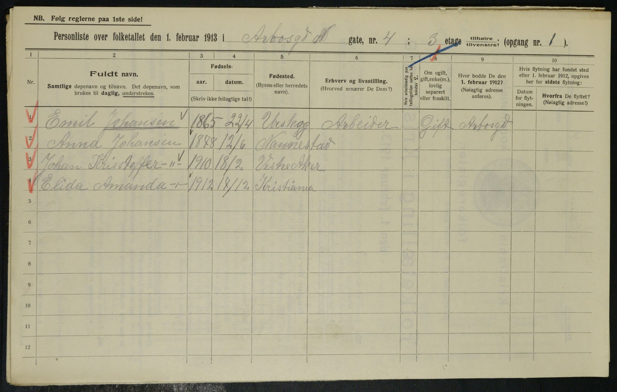 OBA, Municipal Census 1913 for Kristiania, 1913, p. 1875