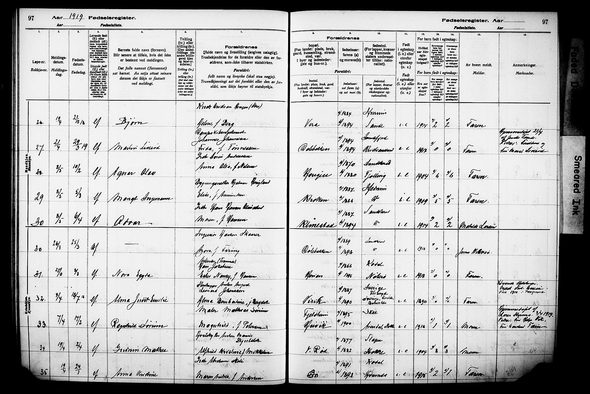 Sandar kirkebøker, AV/SAKO-A-243/J/Ja/L0001: Birth register no. 1, 1916-1922, p. 97