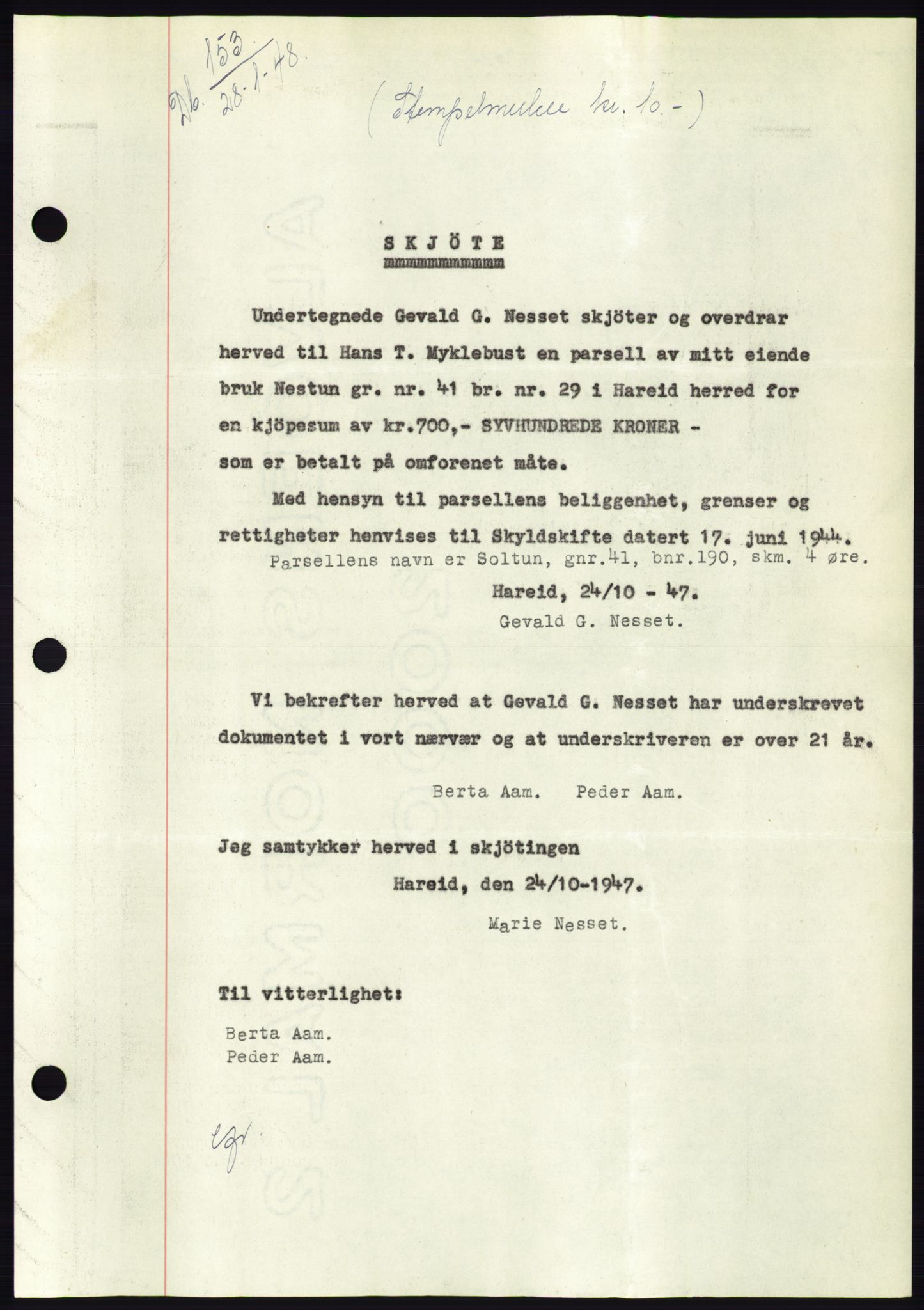 Søre Sunnmøre sorenskriveri, AV/SAT-A-4122/1/2/2C/L0082: Mortgage book no. 8A, 1948-1948, Diary no: : 153/1948