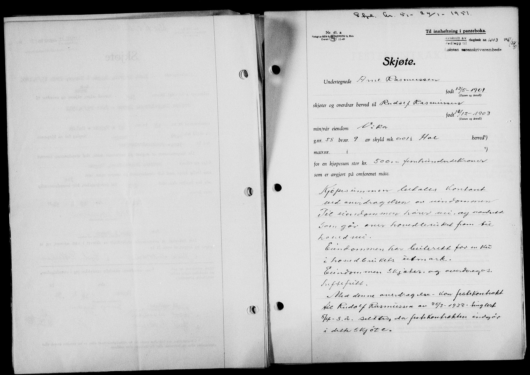 Lofoten sorenskriveri, SAT/A-0017/1/2/2C/L0025a: Mortgage book no. 25a, 1950-1951, Diary no: : 1003/1951