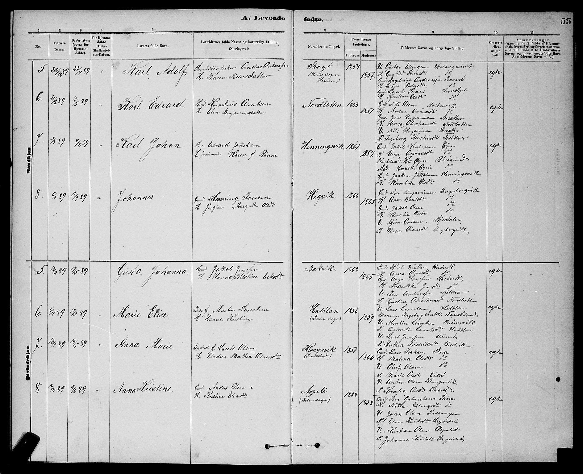 Ministerialprotokoller, klokkerbøker og fødselsregistre - Sør-Trøndelag, SAT/A-1456/637/L0562: Parish register (copy) no. 637C03, 1883-1898, p. 55
